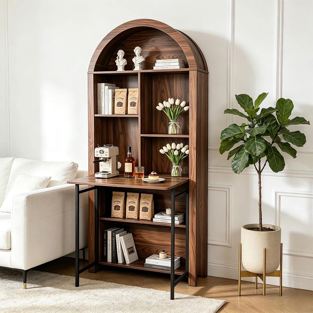 Tall Arched Bookcase with Folding Desk, Convertible Hideaway Desk to Bookshelf, Foldable Desk with Storage for Small Spaces, Vanity Desk & Writing Table for Bedroom, Home Office