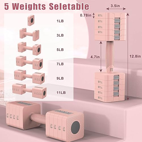 Miniatura 2 de Juego de 2 mancuernas ajustables 5 en 1 para mujereshombres, 3 libras, 5 libras, 7 libras, 9 libras, 11 libras, juego de mancuernas para