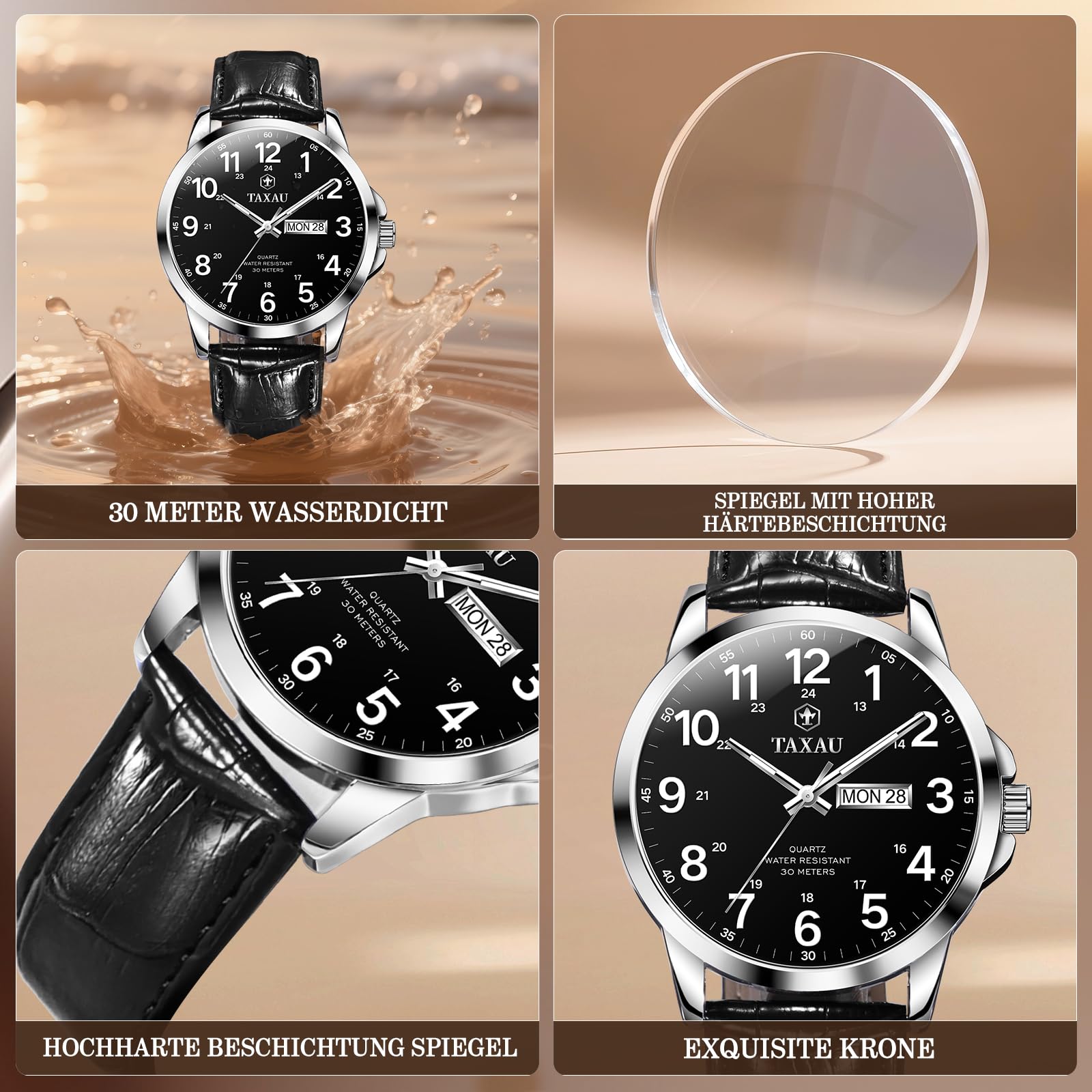 Taxau - Reloj impermeable para hombre de cuero - Reloj luminoso para hombre - Reloj de negocios con fecha de ocio