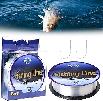 El sedal de pesca transparente de 200 m de línea de nailon monofilamento de 0,6 # es resistente, fácil de cortar y tiene alta resistencia a la abrasión. Incluye 2 anzuelos y es ideal para pescadores y proyectos de artesanía.