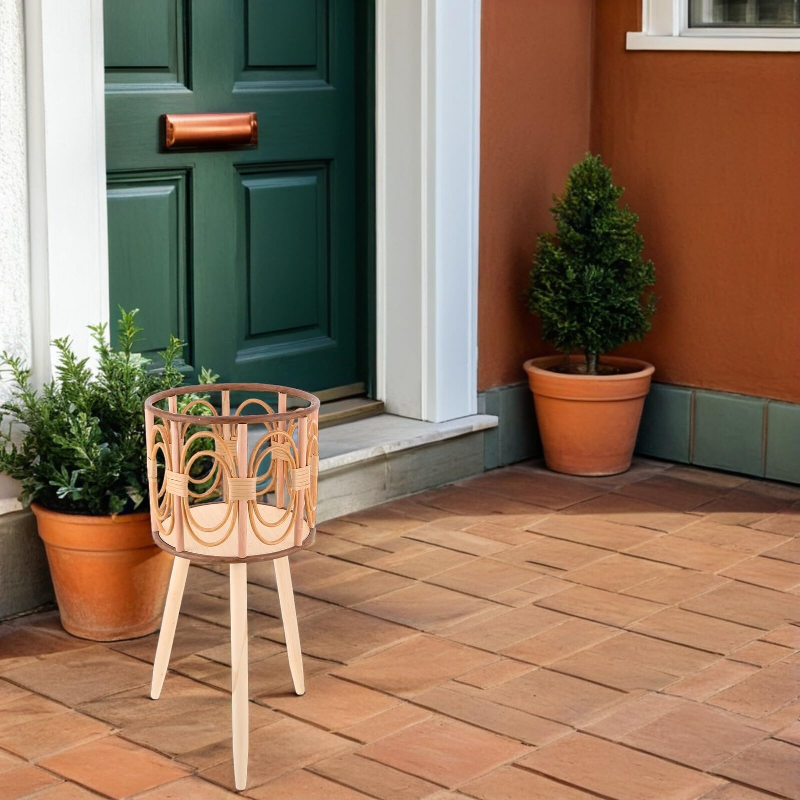 BESPORTBLE Support pour Jardinière Tressé Main en Bois avec Pieds, Diamètre 25 Cm, Hauteur Totale 53 Cm, Ventilation Efficace, Porte-Pots Décoratif sur Pied pour Intérieur et Extérieur,