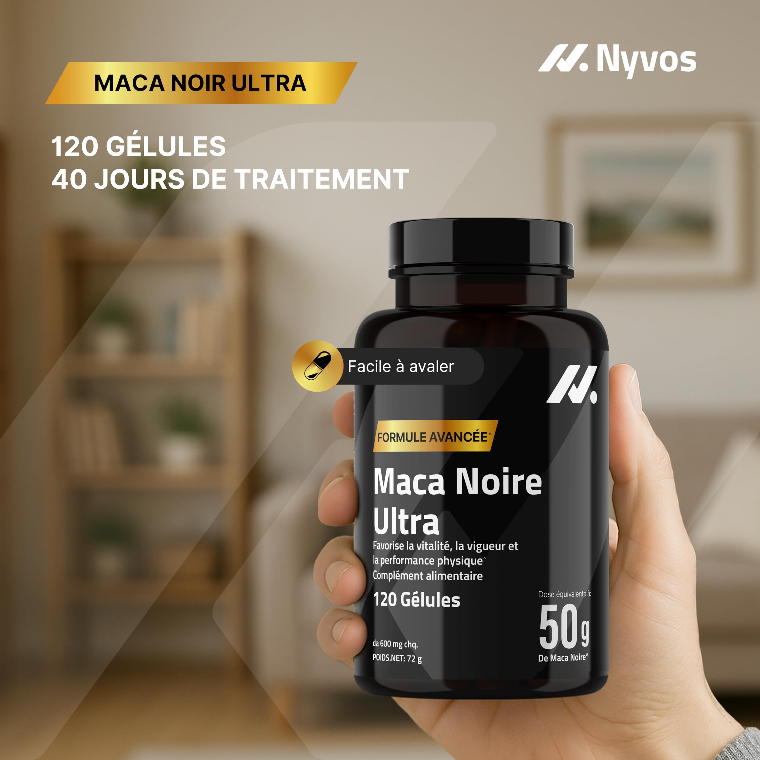 Maca Noire Ultra 50.000 mg – Ultra Concentré 100:1 avec Zinc, Vitamine B6 & Calcium – 120 Gélules Véganes pour Énergie Nocturne, Vitalité Masculine & Testostérone Naturelle – Produit Européen – Nyvos