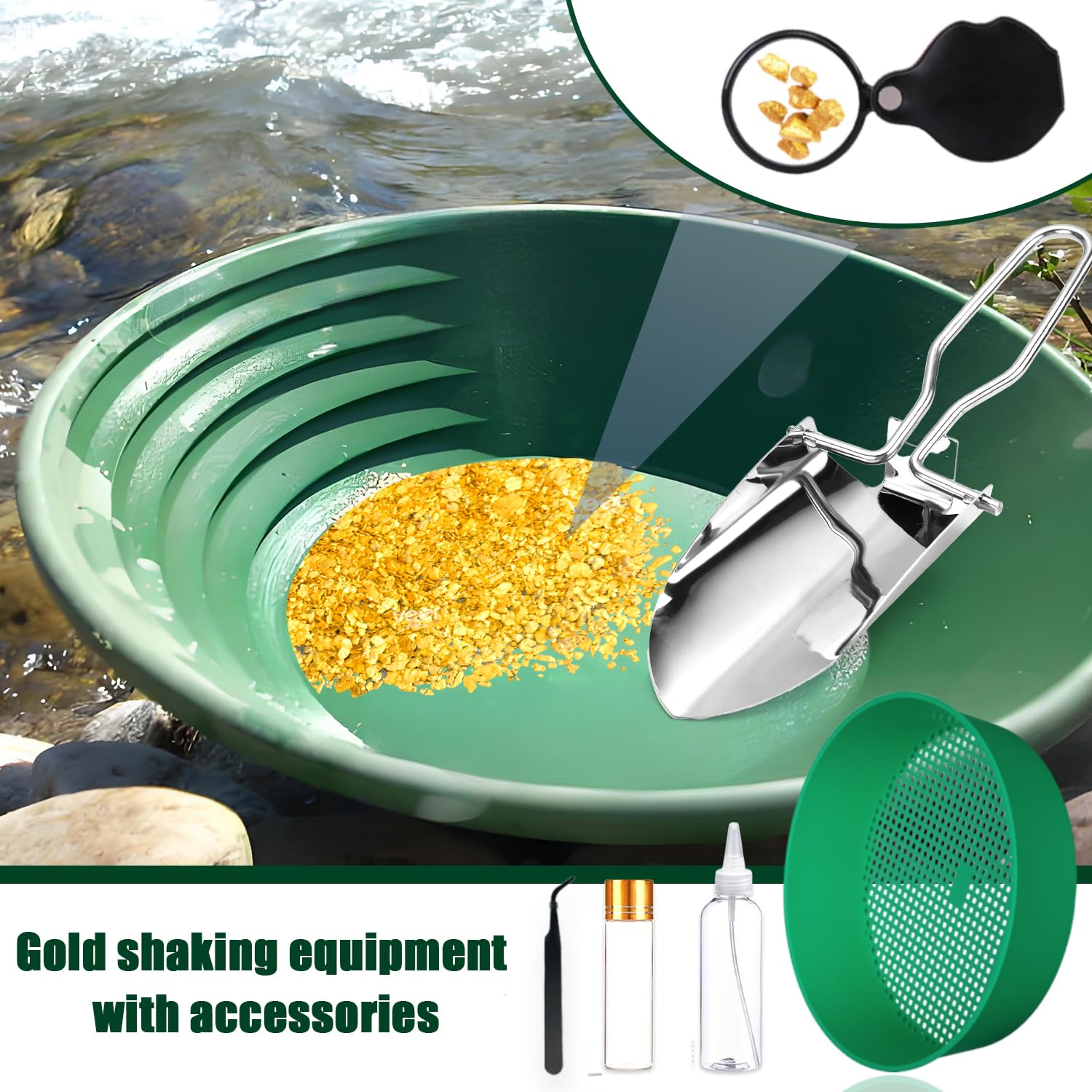 Orpaillage Kit Batee Orpaillage Matériel Gold Pan Kit 7 Pièces Orpaillage Tamis pour Sable Or Mines Lavage Manuel Or Panning (Vert Kit)