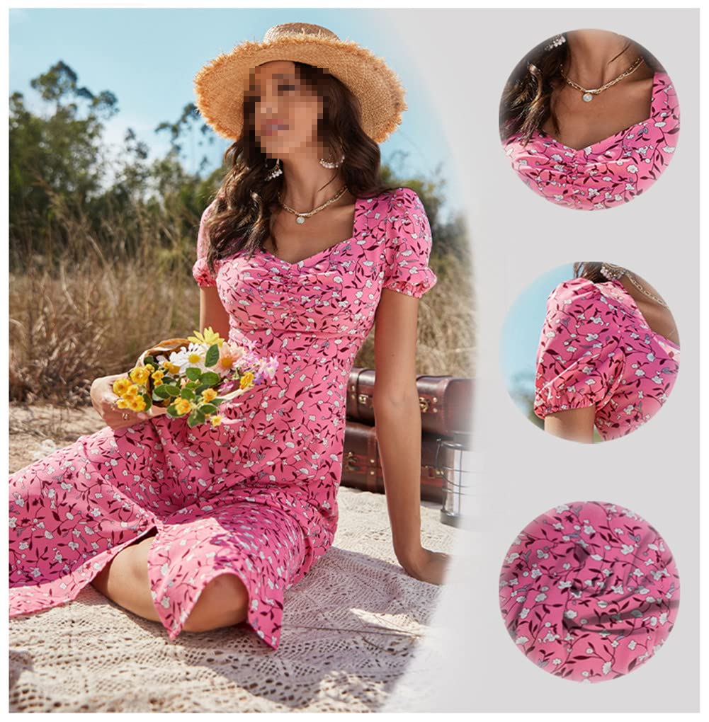 Vsadsau Vestido largo de verano para mujer, casual, ajustado, acampanado, manga corta, estampado floral, abertura lateral, vestido midi