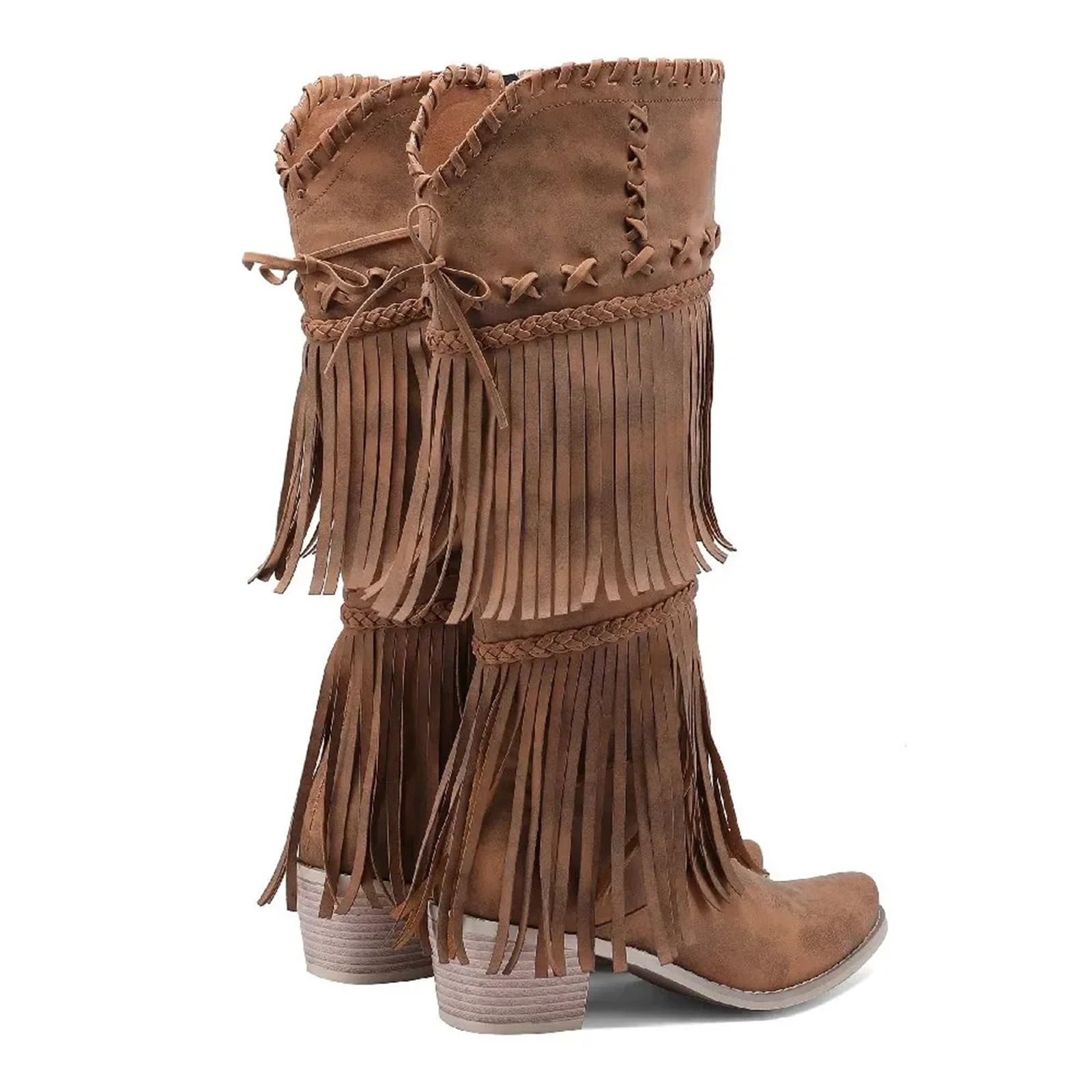 Stivali Texani Donna Stivali alti al ginocchio con frange da cowgirl occidentali donna nappa intrecciata rosa Punta a punta deformata Tacchi quadrati