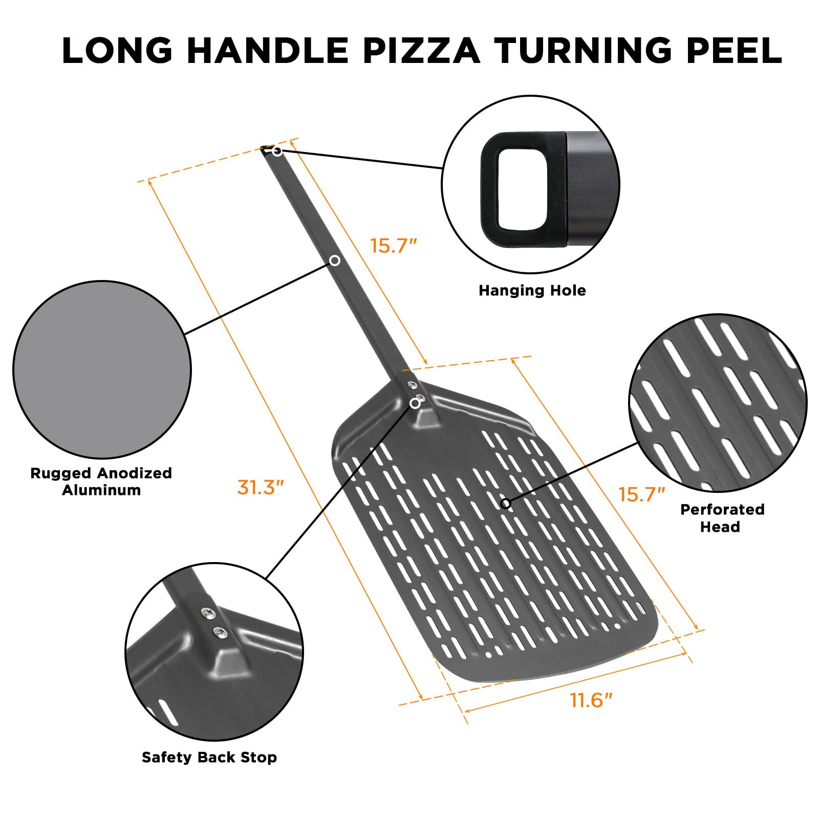 Girador de pizza perforado de aluminio anodizado de 12 pulgadas, mango largo extraíble, ligero, accesorio profesional para horno de pizza, herramientas grandes para hornear, espátula de pizza