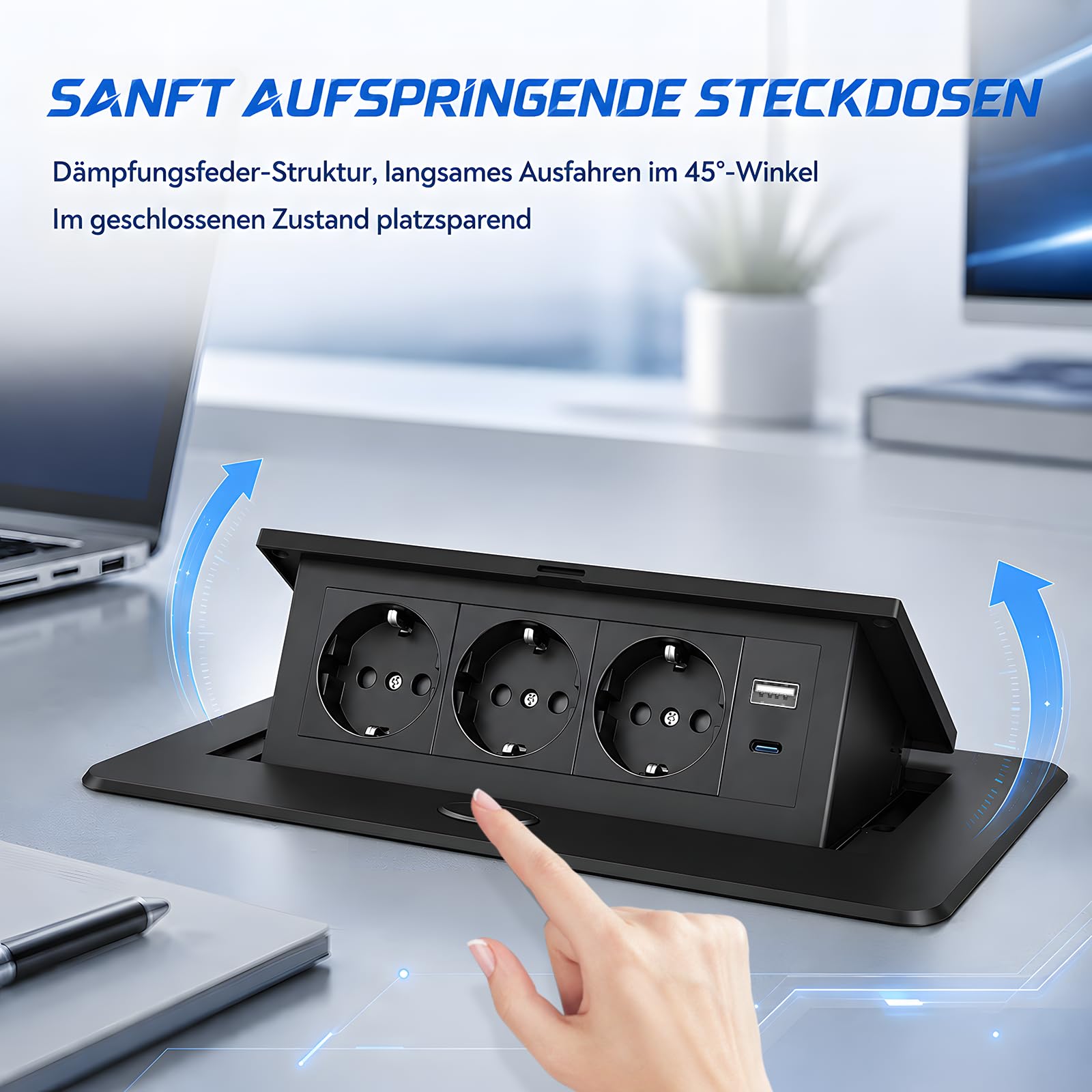 Versenkbare Steckdose, Steckdosenleiste Versenkbar mit 3 Steckplätzen, USB-C & USB-A Ports Aluminium Einbausteckdose Tischsteckdose Mehrfachsteckdose mit 1.8M Kabel für Küche Büro