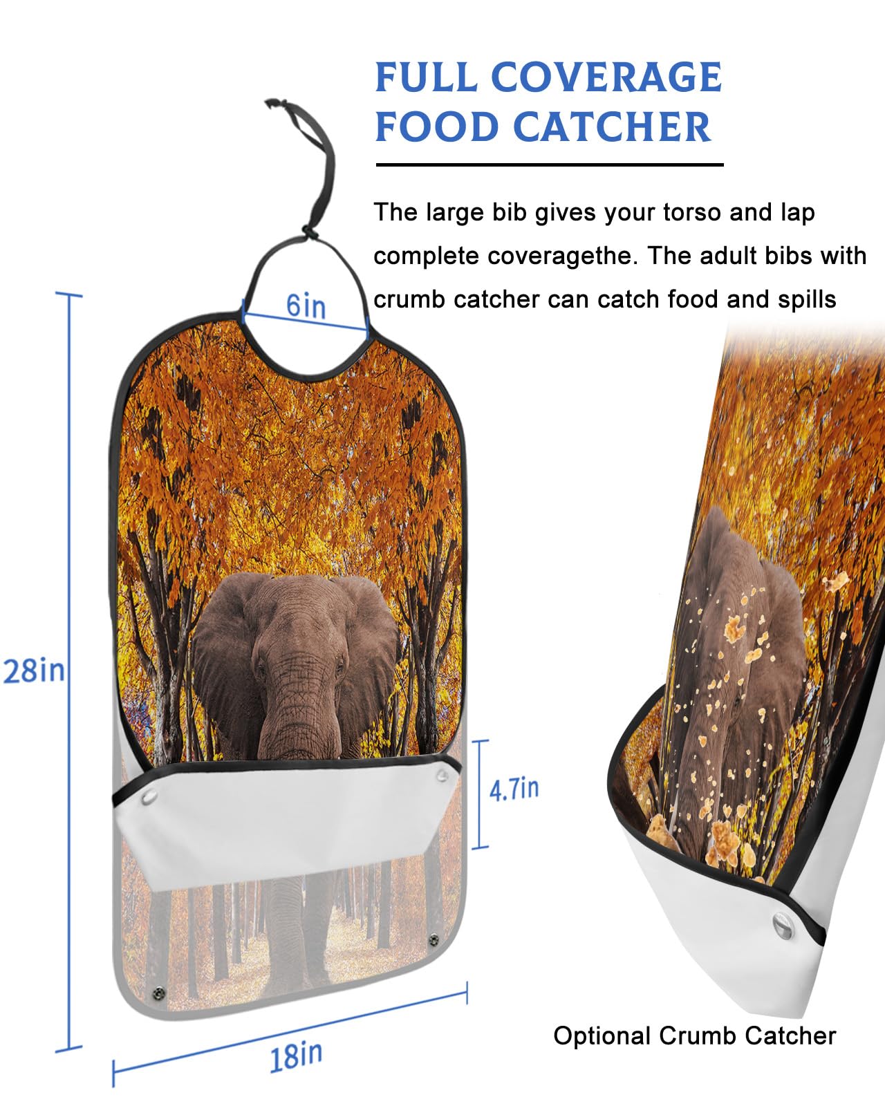 Farmhouse Elephant Adult Bibs for Eating, Waterproof Bibs with Food Catcher & Adjustable Snap Closure, Wild Animals Fall Maple Leaf Washable Clothing Protectors Adult Bibs for Elderly Women/Men