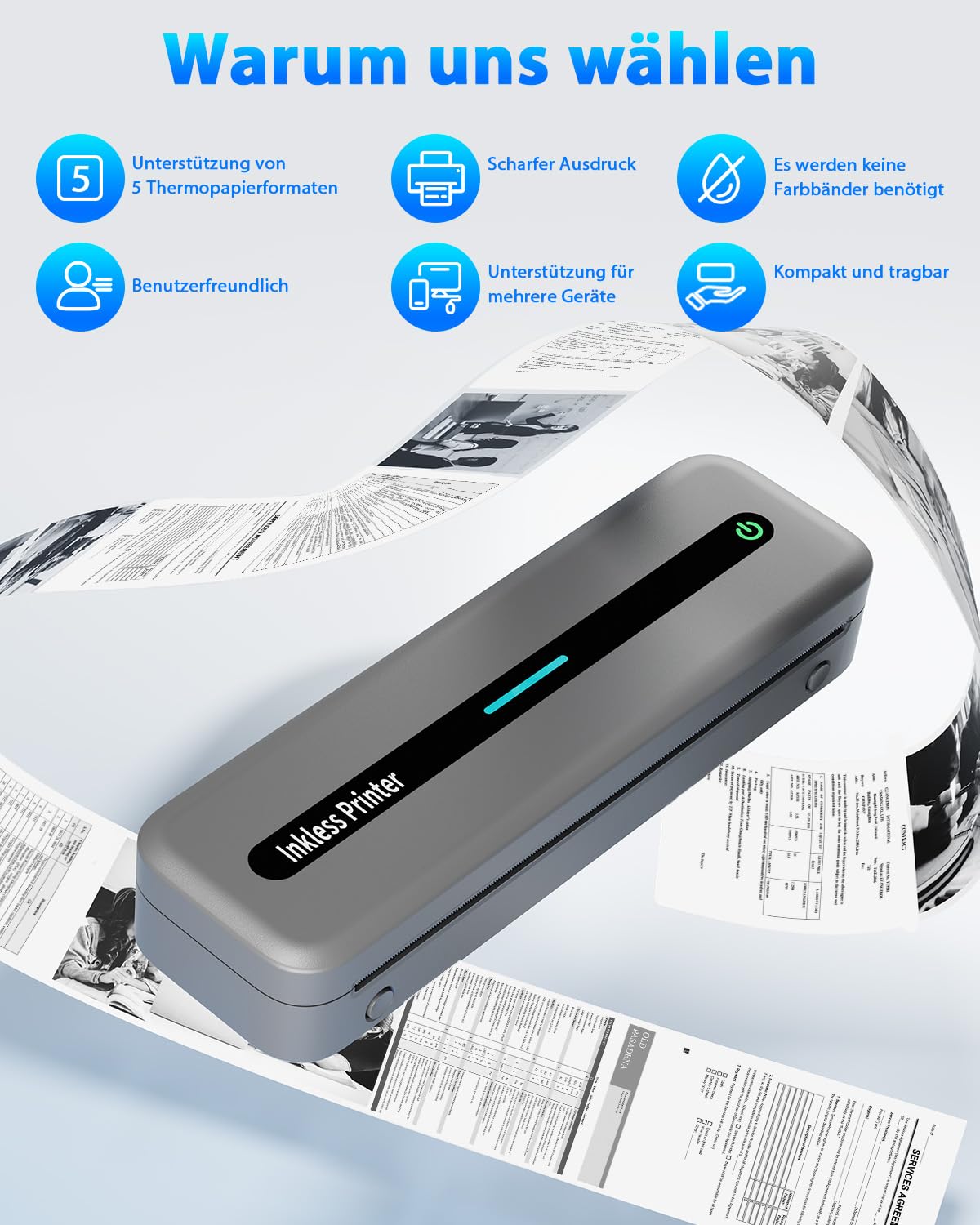COLORWING Mobiler Drucker M832,Thermodrucker A4,Bluetooth Drucker Klein Kompakt für iPhone und Android,Wird mit Einer Rolle A4-Thermopapier Geliefert,Portbale Printers Wireless for Travel-Grau