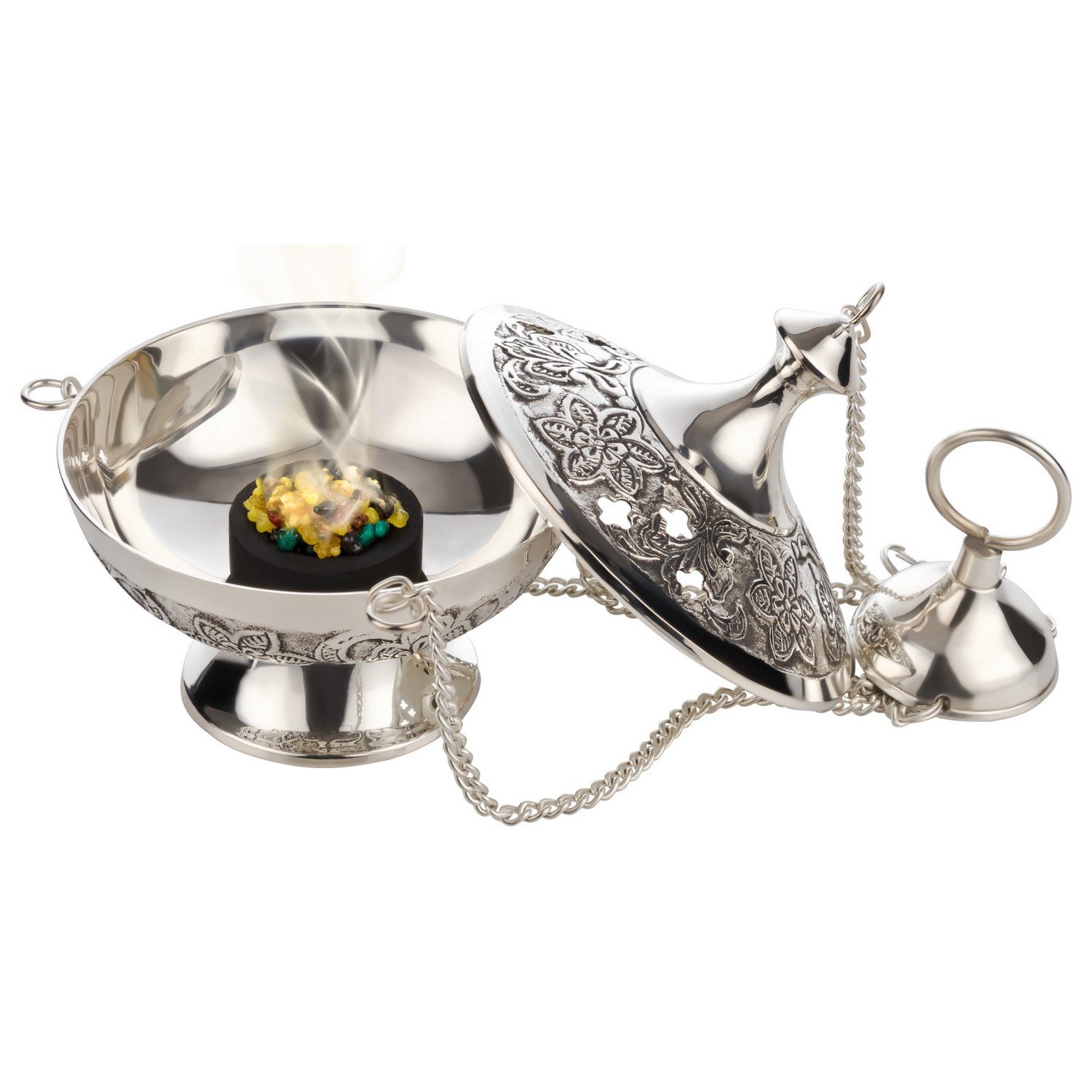 MaMeMi Set Incenso Vaticano con Bruciatore in Ottone Placcato Argento – Altezza 10 cm | Include Incenso e Carbone | Handmade India
