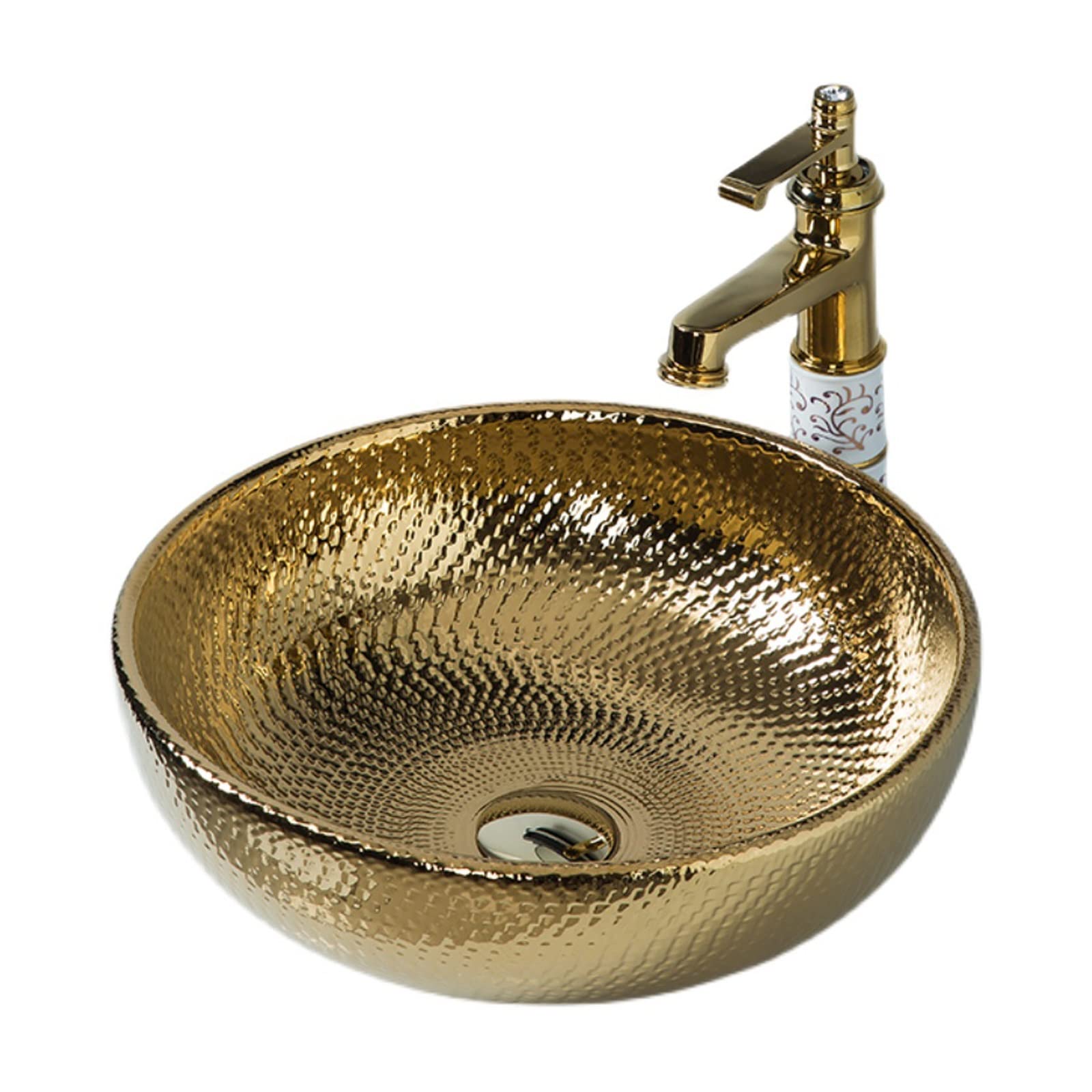 Złota Umywalka Nablatowa, Okrągła Porcelanowa Umywalka Artystyczna, Umywalka Artystyczna Z Kranem I Odpływem, Ceramiczna Umywalka Nablatowa
