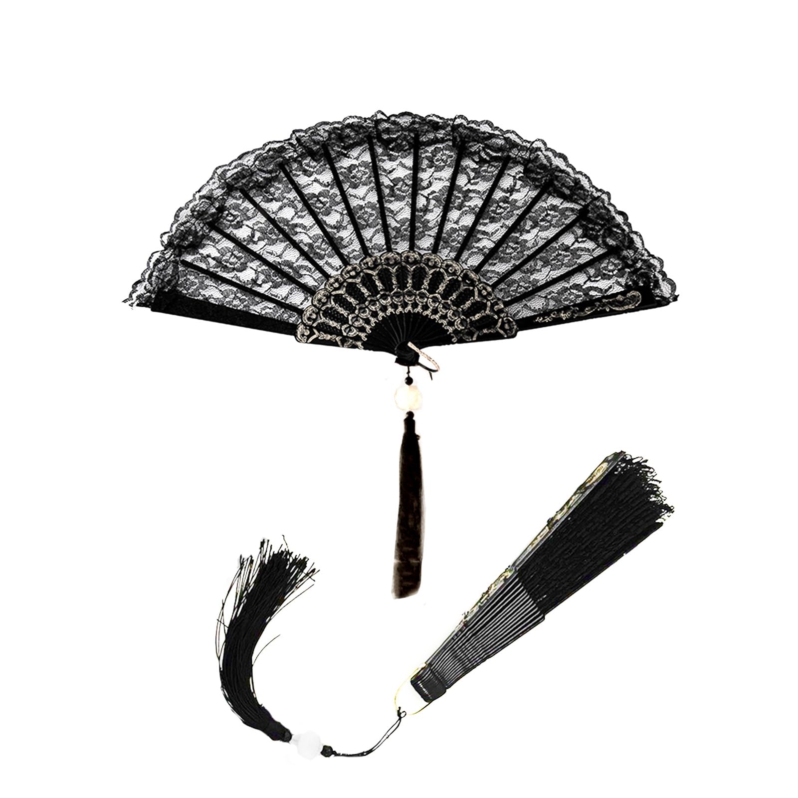 Lace Folding Fan, Handheld Chinese Vintage Style Hand Fan with White Lotus Jade Tassel for Women, Wedding, Party Favours, Costume Prom (Black)