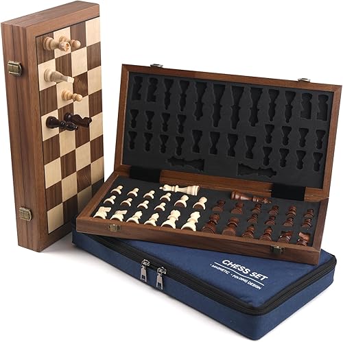 Ajedrez Juego de ajedrez magnético de 15 pulgadas, tablero de viaje plegable con bolsa de almacenamiento, juegos de ajedrez de madera portátil para