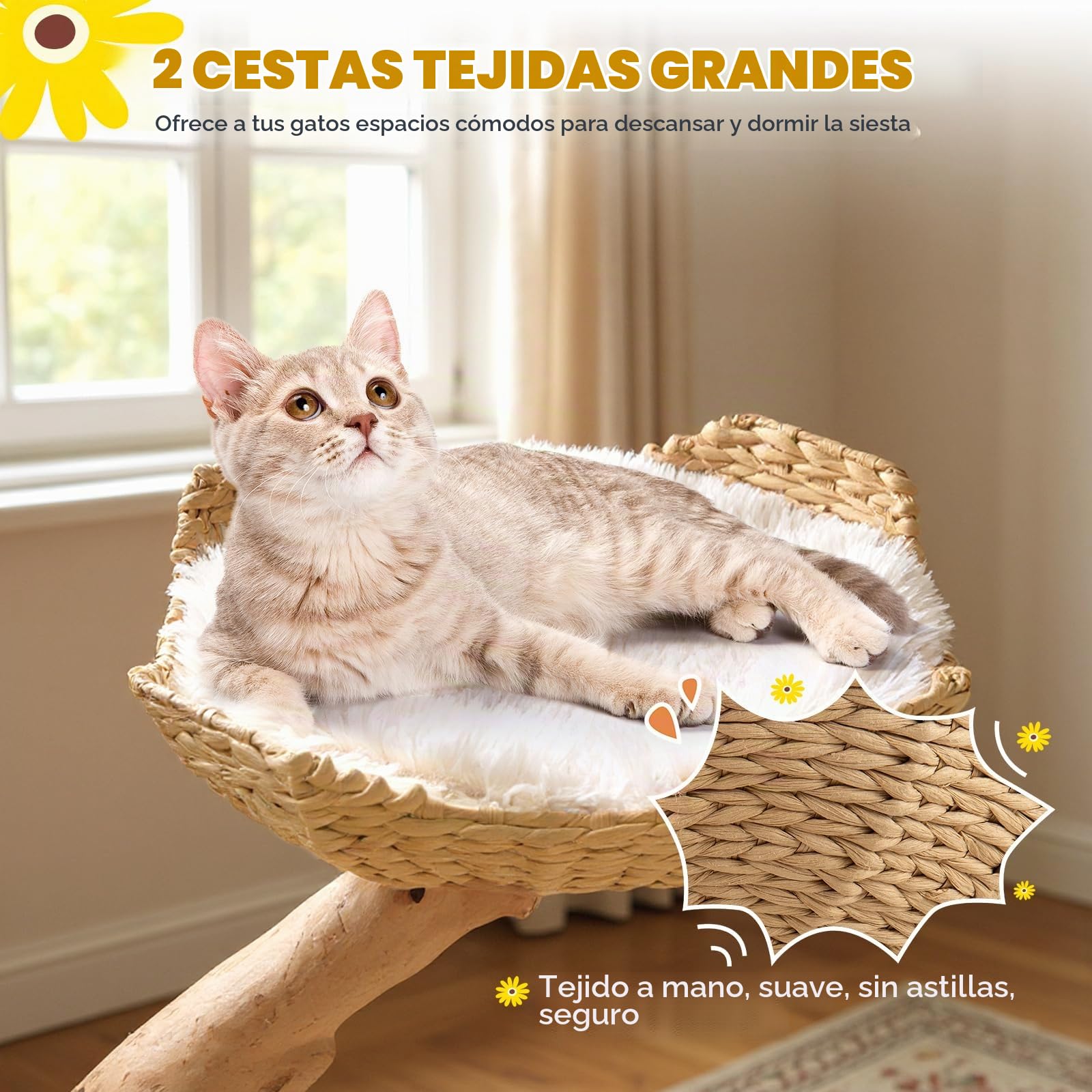 COSTWAY Rascador para Gatos, Árbol para Gatito Moderno de Madera Maciza, 122 cm Torre Gatos Rascador con Plataforma Forma de Flores, 2 Nidos con Cojines, Poste de Yute, Bola Colgante, Blanco y Natural