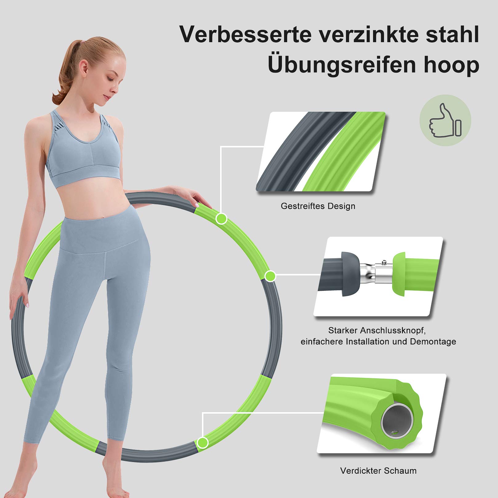 Hula Reifen Hoop Erwachsene, Fitness Hoola Easy Slim Hoop zur Gewichtsreduktion, 8 Abnehmbare Reifenprofile mit Edelstahl-Innenkernrohr,Gewichte einstellbar von 1,2 bis 3,5 kg(Grau+Grün)