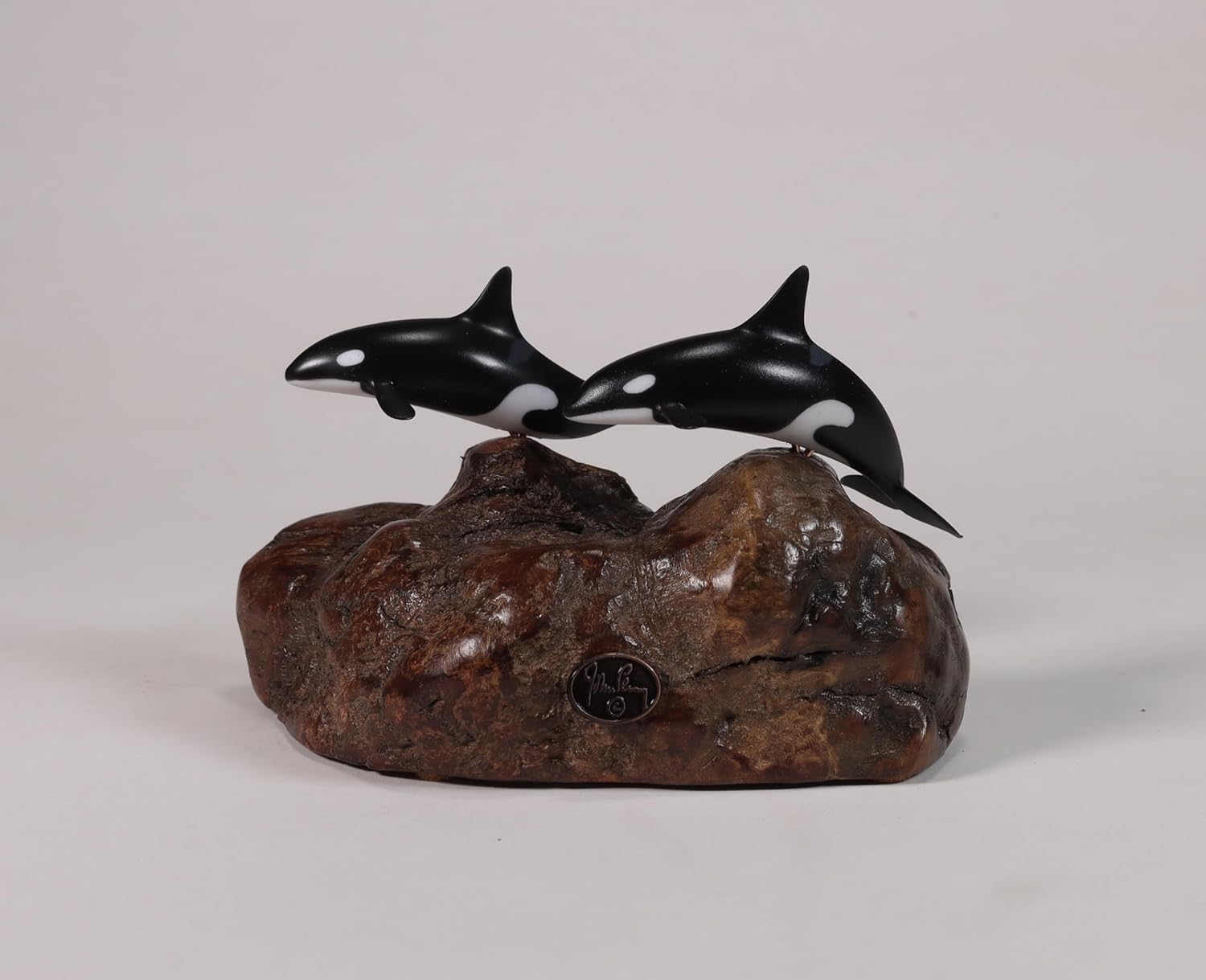 Orca Killer Whale Duo by John Perry 5in Long Smaller Version on Polished burlwood Base. Signed.