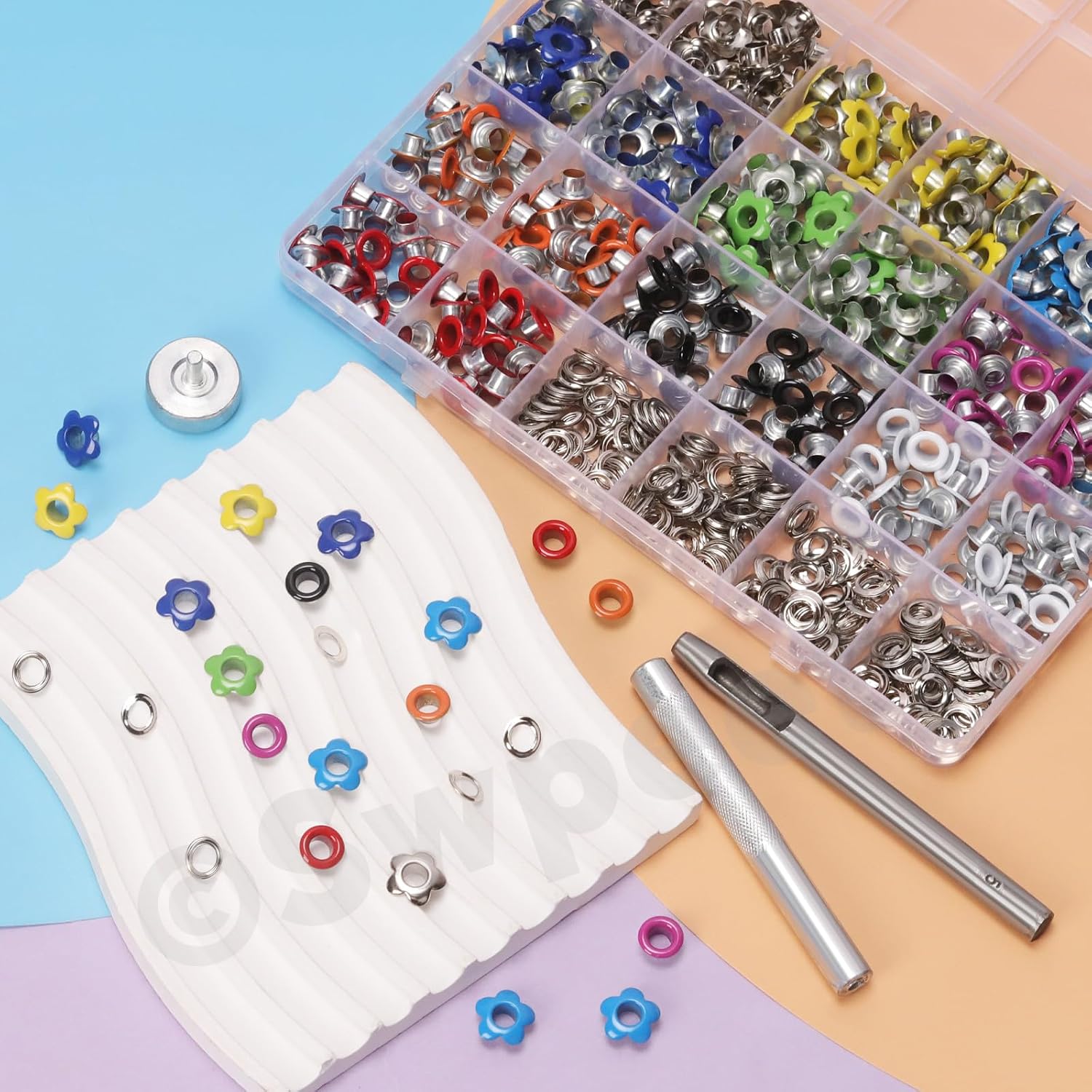 Swpeet 403Pcs 10 Colors 3/16 Inch Metal Flowers & Round Grommets Eyelet with Installation Tools Assortment Kit, Multi-Color Metal Eyelets and Grommet Kits for Gunsmithing Tools Leather Crafts Jewelry
