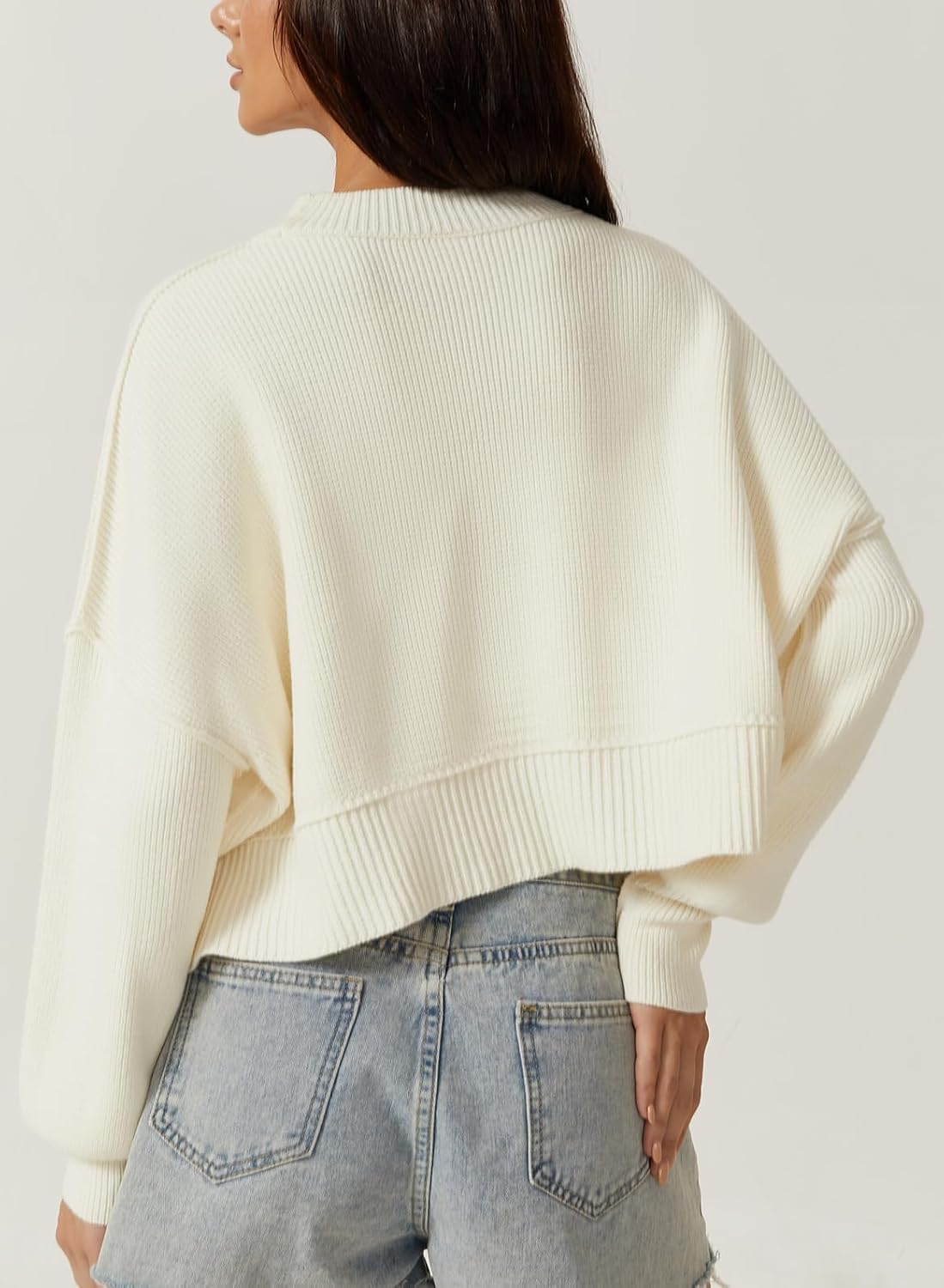 QINSEN Women's Mock Neck Cropped Sweater Long Sleeve Drop Shouler Oversized Knit Pullover Tops - Image 2