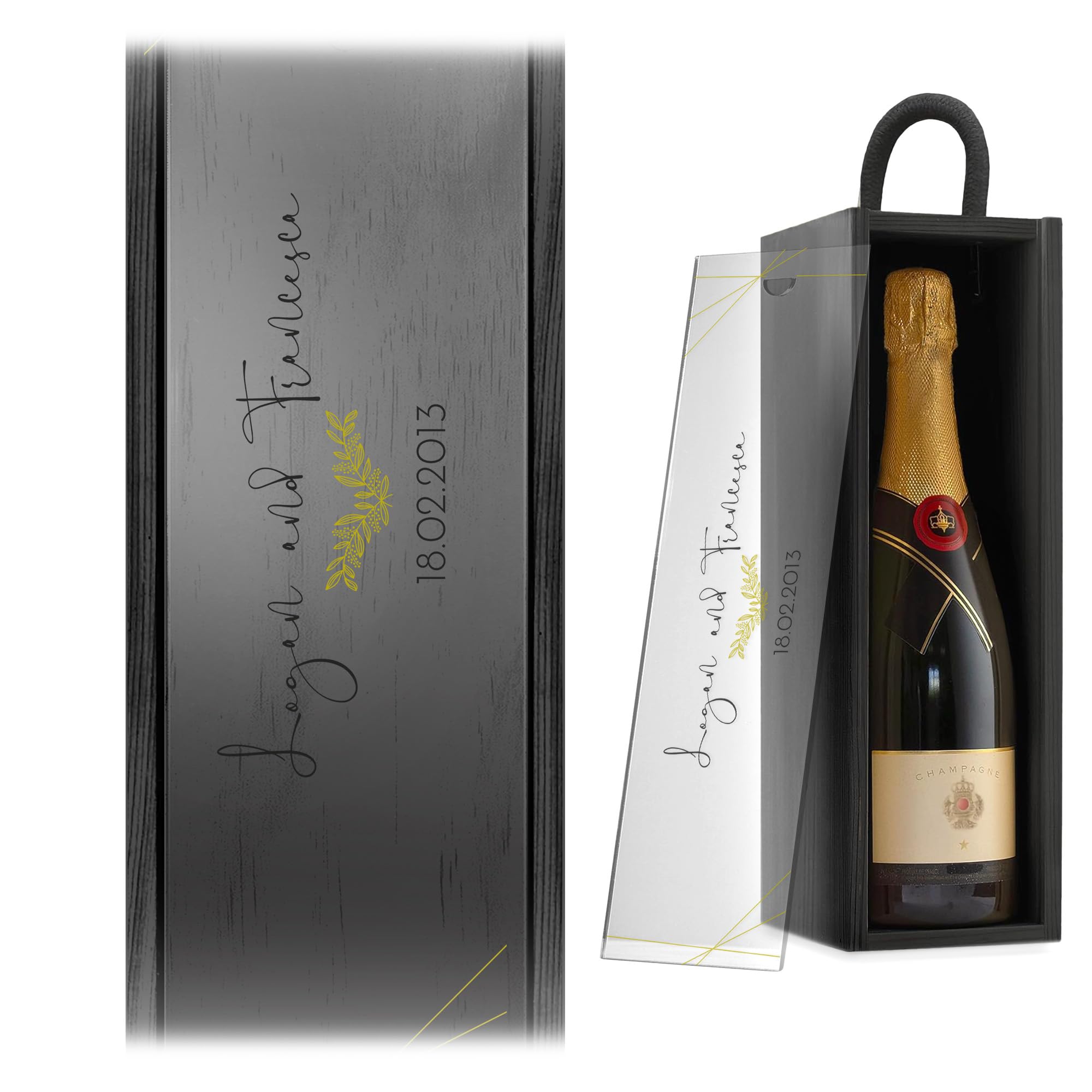 A1 Graphics Ltd Personalised Gold Leaf Wine Box Custom Printed Couples Gift Weddings Anniversary Bridesmaid Groomsmen Birthdays (Black Box/Clear Lid)
