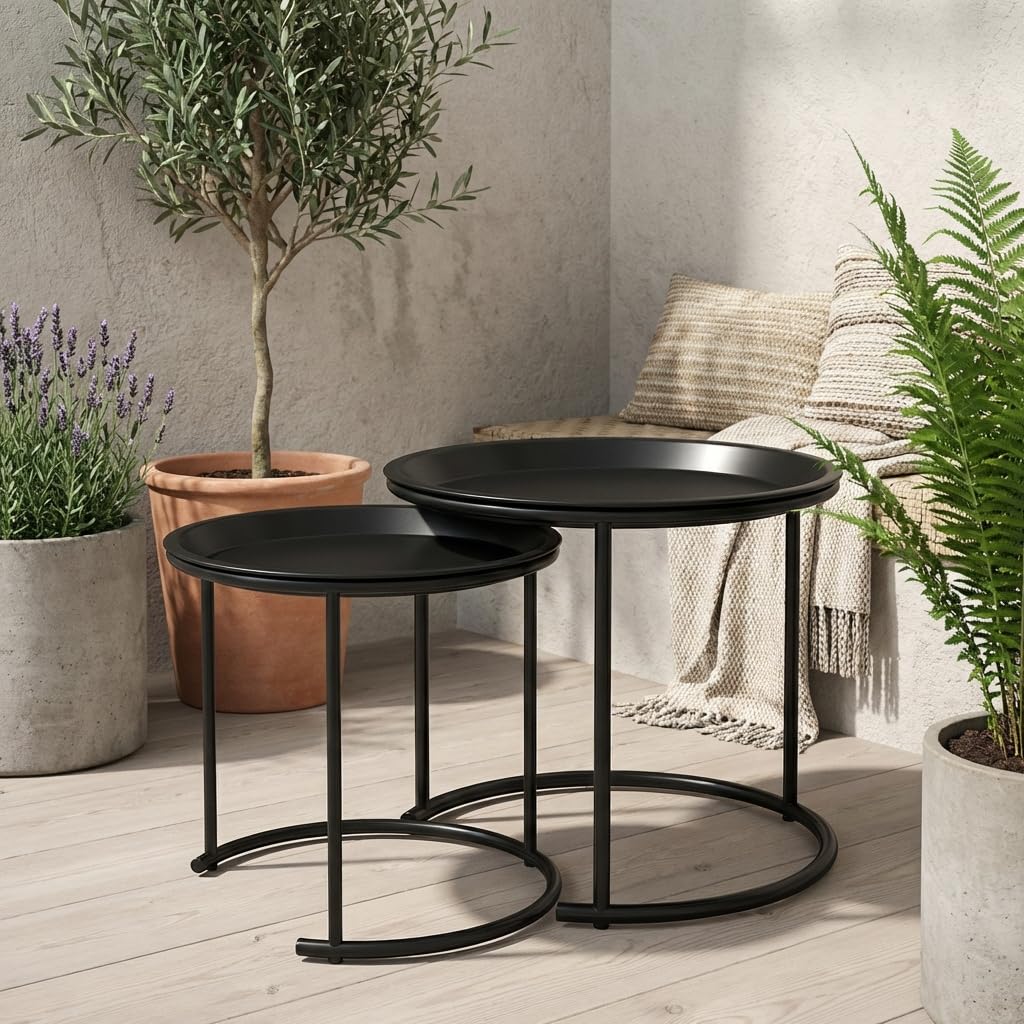 Tavolo da Giardino Rotondo Set 2 Tavolini in Acciaio Dimensioni 43x43x38 cm colore Nero