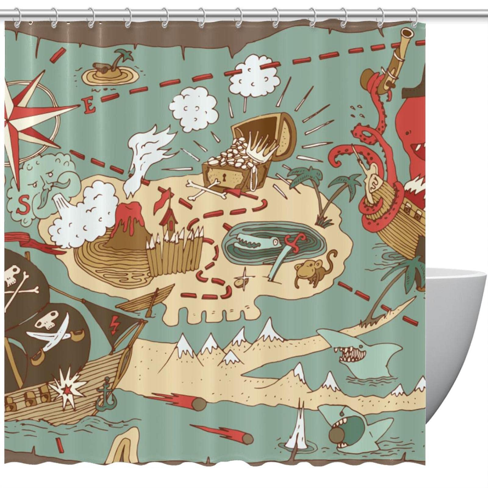 Rideaux de douche anti éclaboussures motif pirate pour baignoire