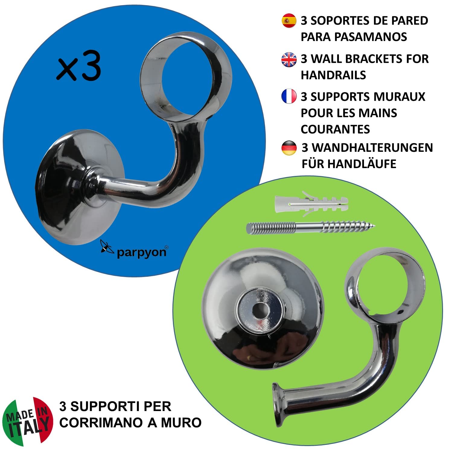 Parpyon® Supporti per corrimano a muro Staffe tubo passamano in Ferro accessori per ringhiere, Reggi Tubi con tasselli e viti prodotto italiano (Supporti 525, Cromo-525)