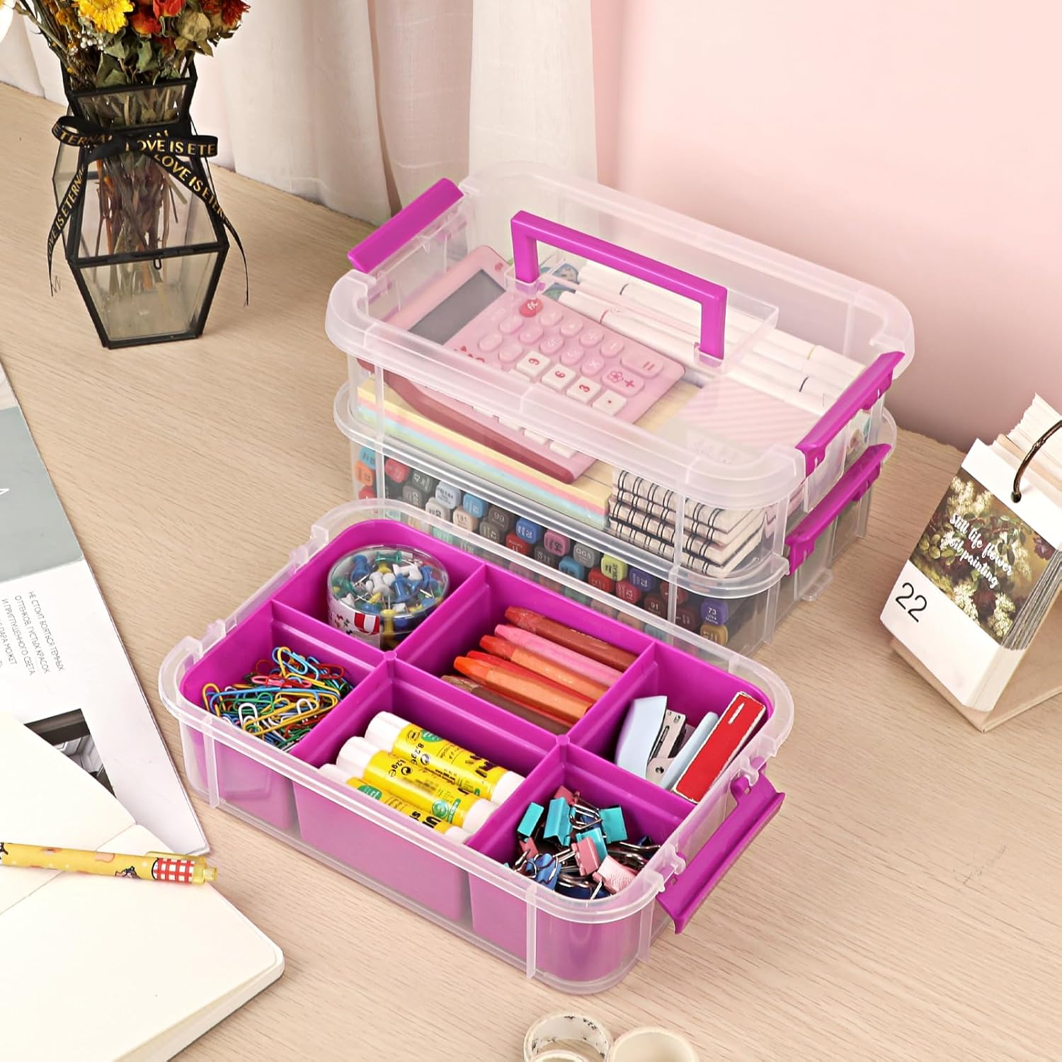 BTSKY 3-Layer Plastic Craft Storage Container with Removable Tray, Stackable Art & Craft Supply Storage Organizer Multipurpose Portable Sewing Box for Bead, Tool, Office Supplies (Purple-2 Pack) Purple 2 Pack image 3 of 8 B0DQTQM83Q