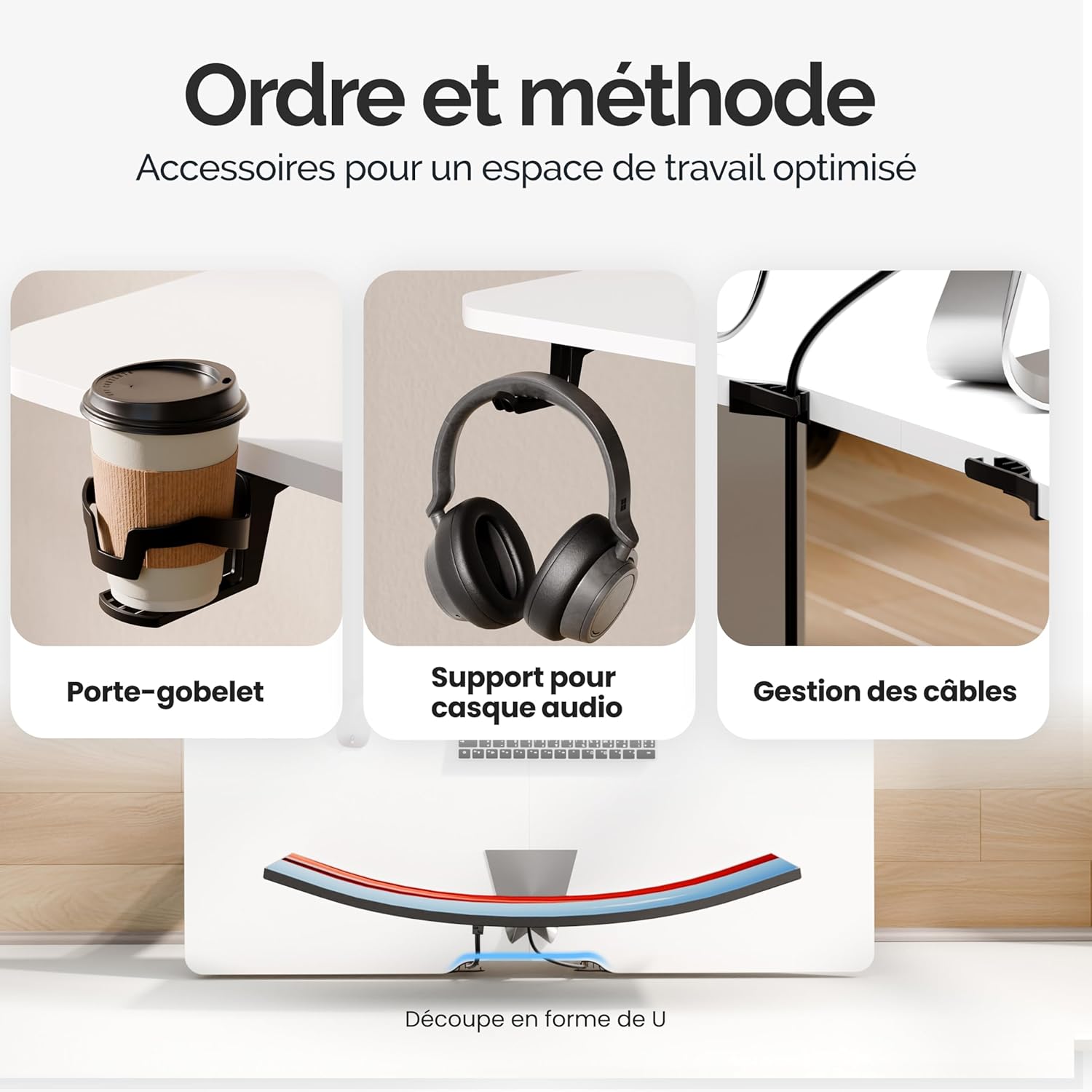 Desk accessories including cup holder, headphone hook, and cable management.