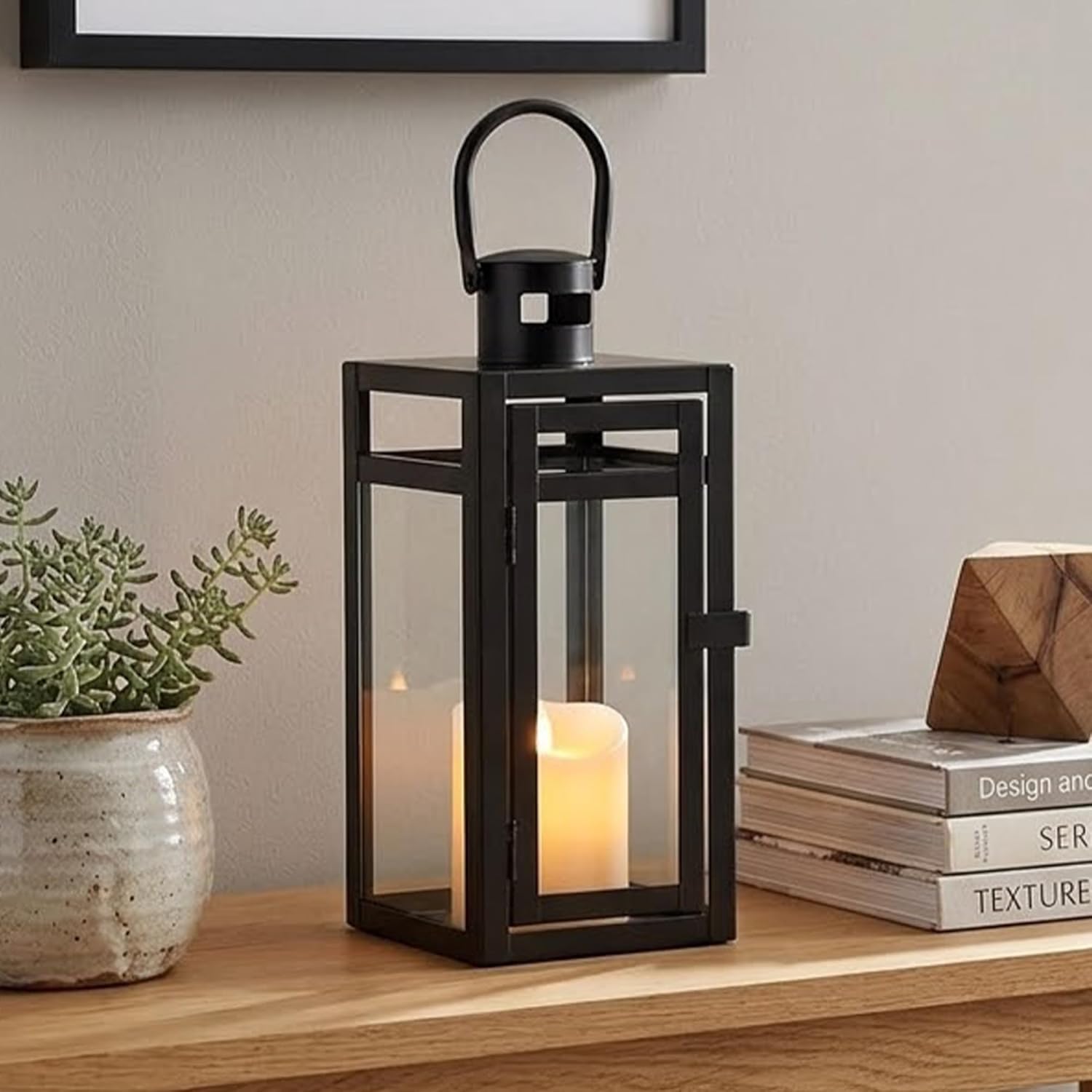 TRIROCKS Metal Candle Lantern 12'' High Decorative Outdoor Lantern Hanging Lantern with Tempered Glass for Christmas Home Decor Living Room Parties Events Tabletop Indoors Outdoors (Black Matte)
