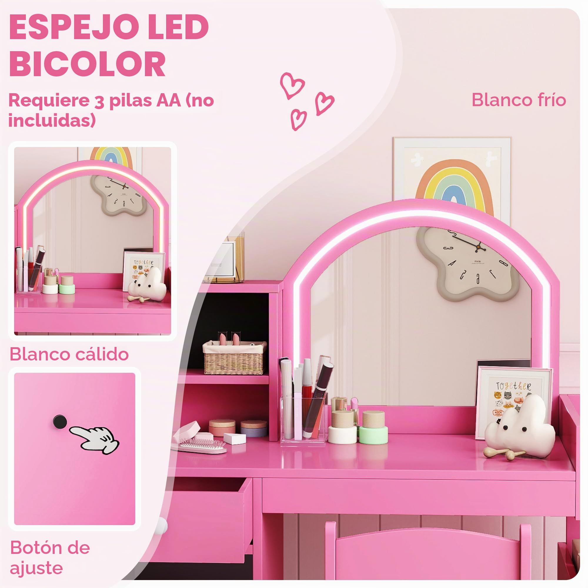 AIYAPLAY Tocador infantil con taburete y espejo LED, tocador de madera para niña con cajón, armario, 2 compartimentos abiertos y 3 estantes, mesa de maquillaje para niños de 3 a 8 años, rosa