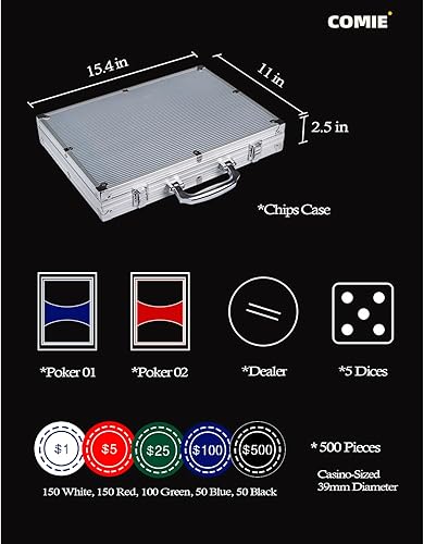 Miniatura 5 de Fichas de póquer con números, juego de fichas de póquer de 500 piezas con estuche de viaje de aluminio, juego de póquer de 0.41 oz para juegos de