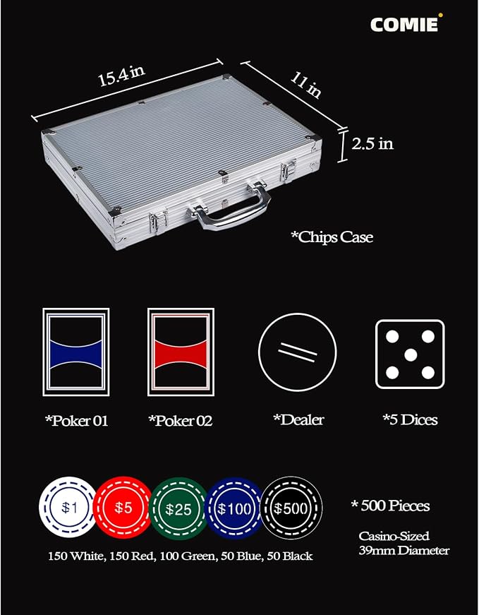 Comie Poker Chips with Numbers,500PCS Poker Chip Set with Aluminum Travel Case,11.5 Gram Poker Set for Texas Holdem Blackjack Gambling. miniatura 2