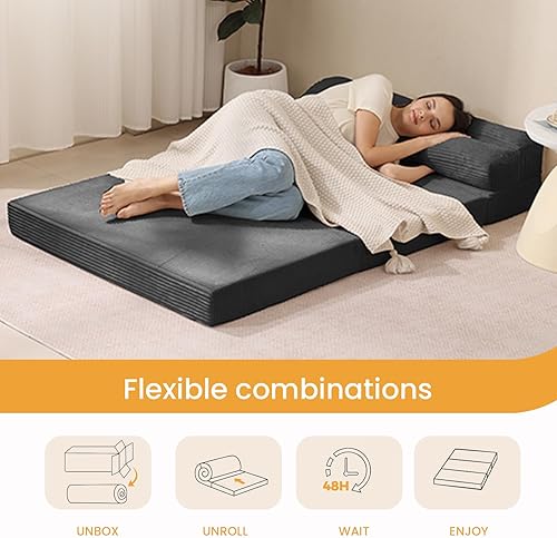 Miniatura 4 de Colchón Plegable Twin, Colchón Futón Plegable de Sofá Cama Convertible con Funda de Pana, Sofá Cama de Piso Plegable para Sala de Estar, Espuma