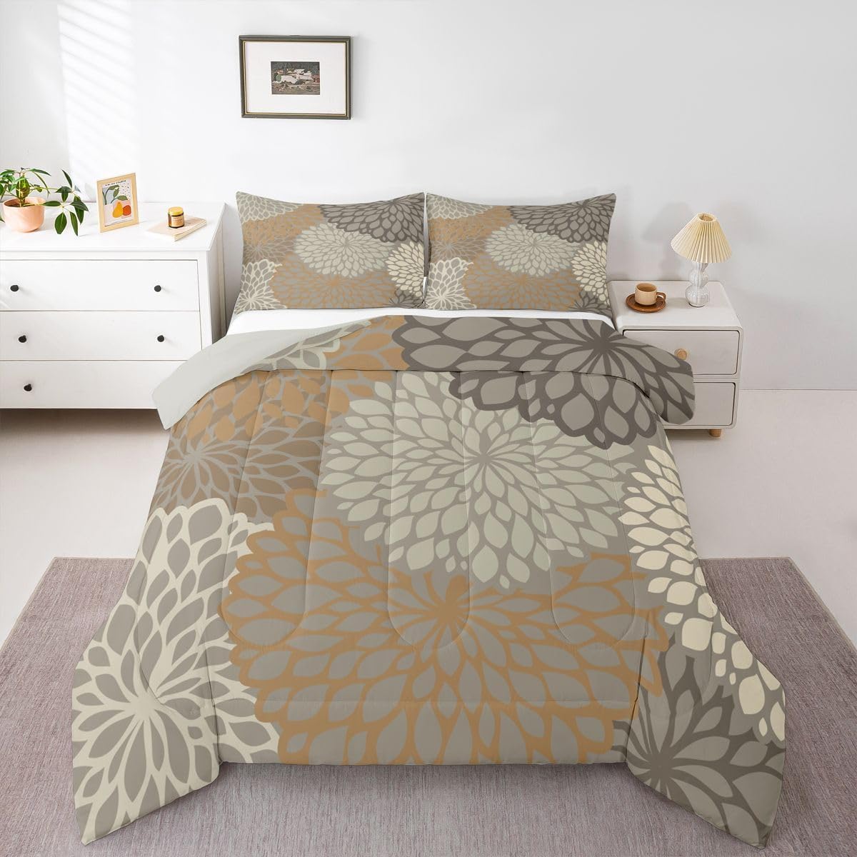 Erosebridal Aztec Dahlia Comforter Set for Adult Women Girls, Queen Bedding Set Mexican National Flower Duvet Insert Luxury Boho Flowers Quilted Duvet Bedroom Decor