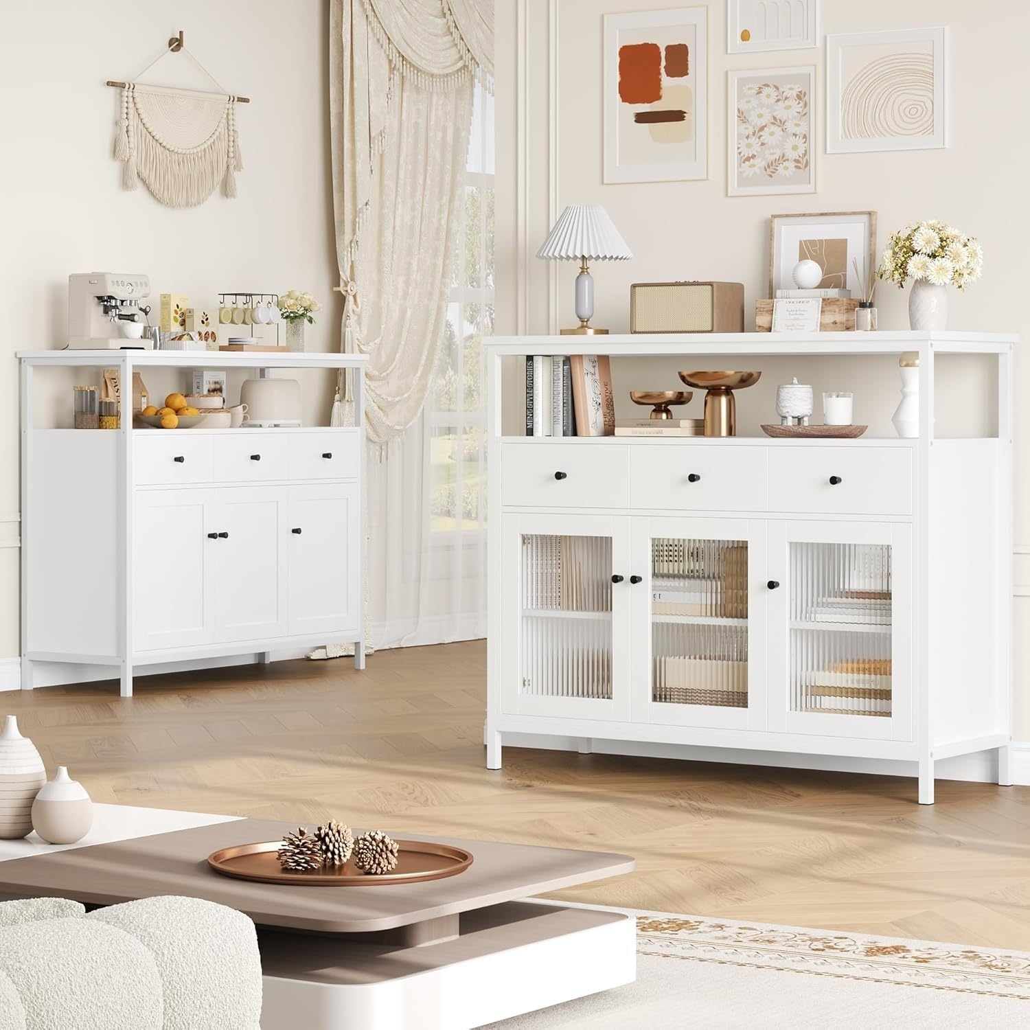FirFurd Credenza Cucina,Mobile Cucina con 3 Cassetti e 3 Ante Bianco | Dispensa Cucina con Ante Vetro Temperato｜Credenza Soggiorno a Ripiani Regolabili｜per Sala da Pranzo, Soggiorno｜108x38x98,5 cm