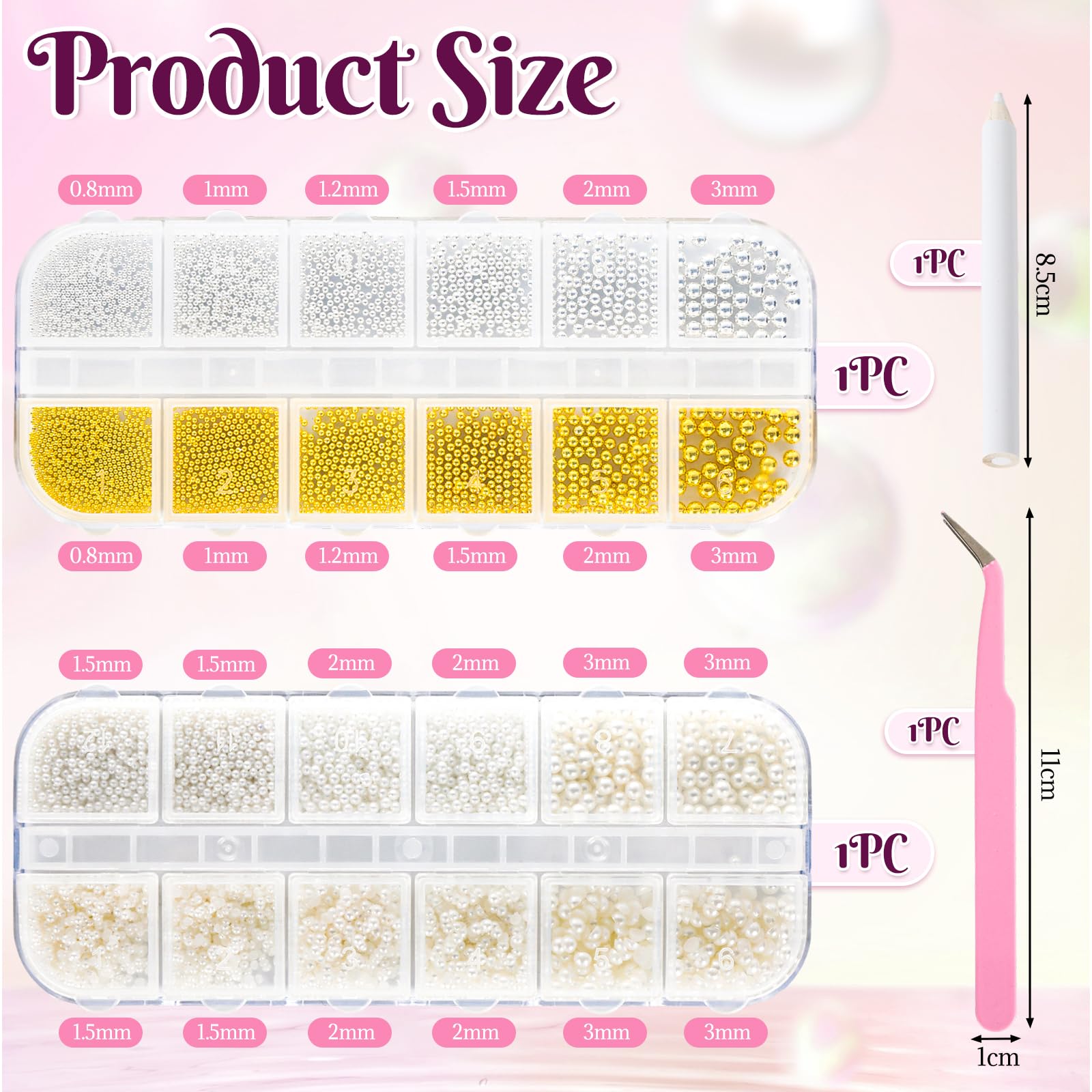 2 Boxes of Nail Stones, Nail Charms with 6 Sizes Sliver and Gold Caviar Beads, 3 Sizes Semi-Round and Rounded Beads Nails - Image 2