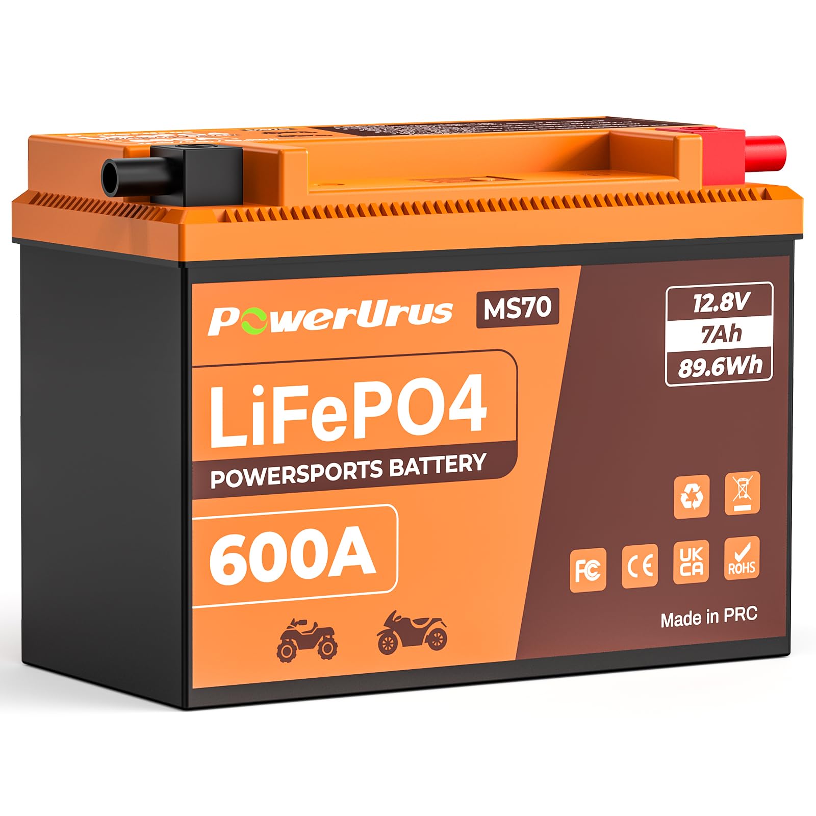 Batteria al Litio per Moto, Batteria PowerUrus al Litio LiFePO4 da 12 V con BMS 12,8 V 7 Ah 600 CCA YTX4L-BS Batterie di Avviamento per Moto LiFePO4 per ATV, UTV