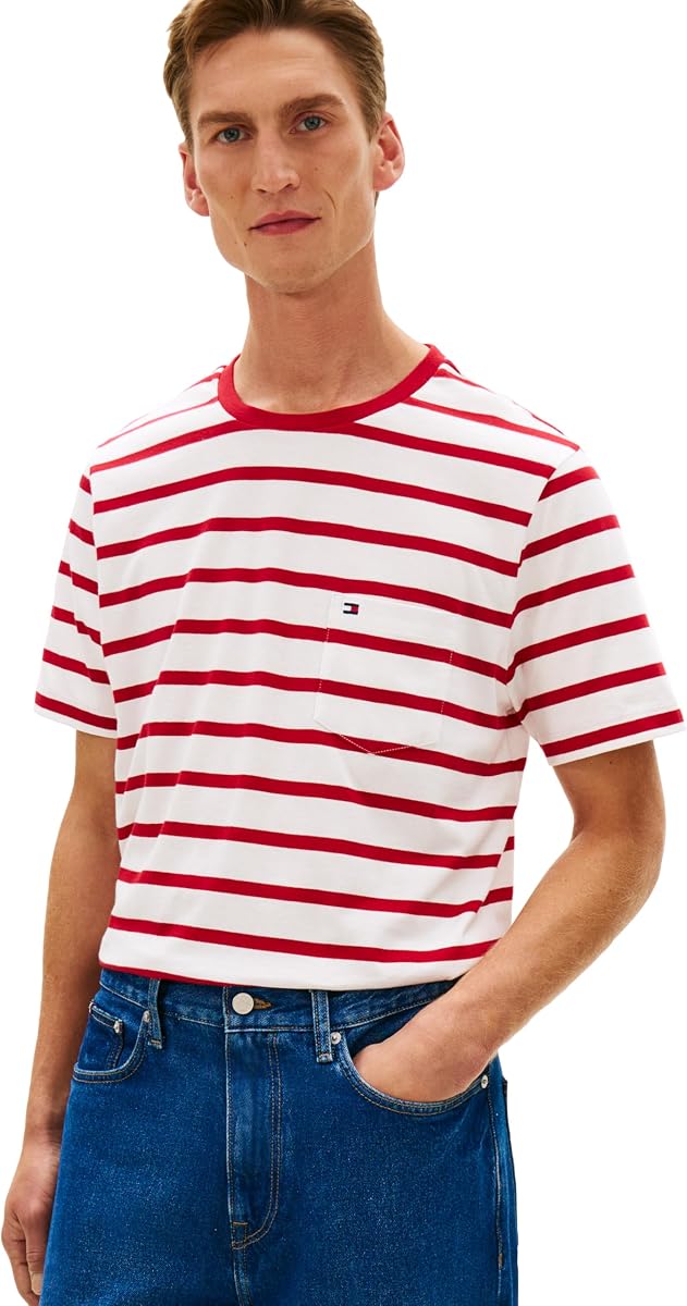 Tommy Hilfiger Camisetas de algodón de manga corta con cuello redondo y bolsillo para hombre en ajuste regular