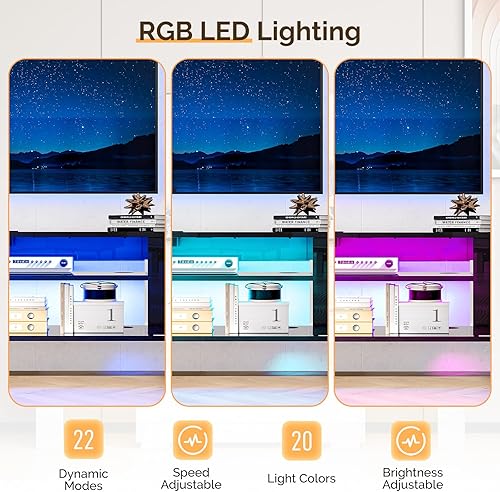 Miniatura 4 de VINGLI Soporte de TV flotante negro de 63 pulgadas con luces RGB, centro de entretenimiento montado en la pared con almacenamiento, consola