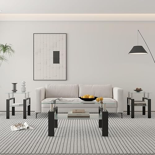 Miniatura 2 de Juego de 2 mesas auxiliares de cristal, mesa de cristal pequeña, mesa auxiliar negra con parte superior de vidrio templado, marco de metal, para