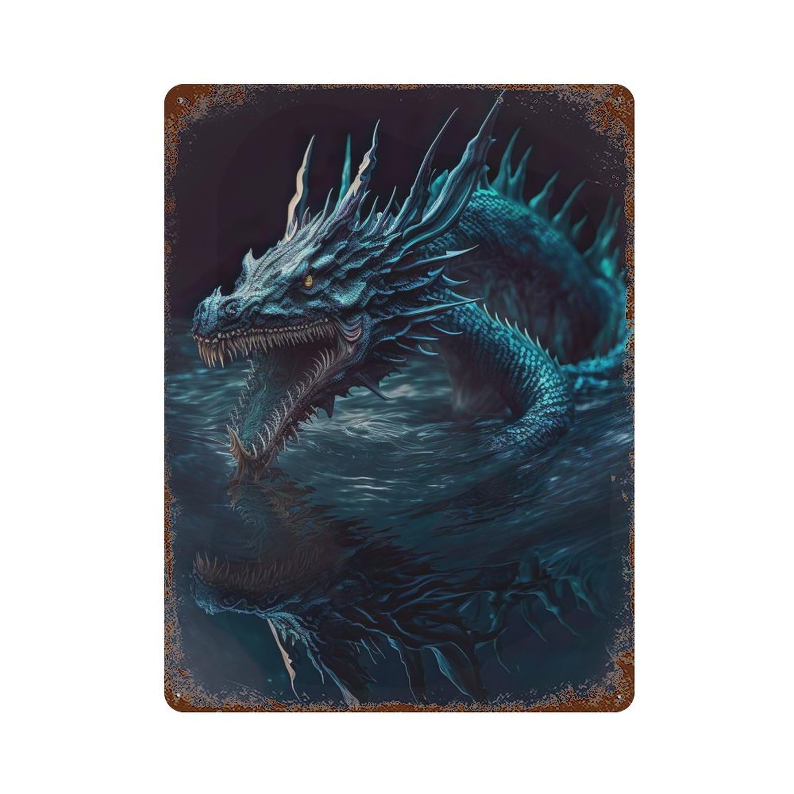 Mystical Dragon Artwork 15.7"x11.8" Vintage Rust Metal Sign, Shabby Chic Decor for Garage, Bar And Workshop Decor