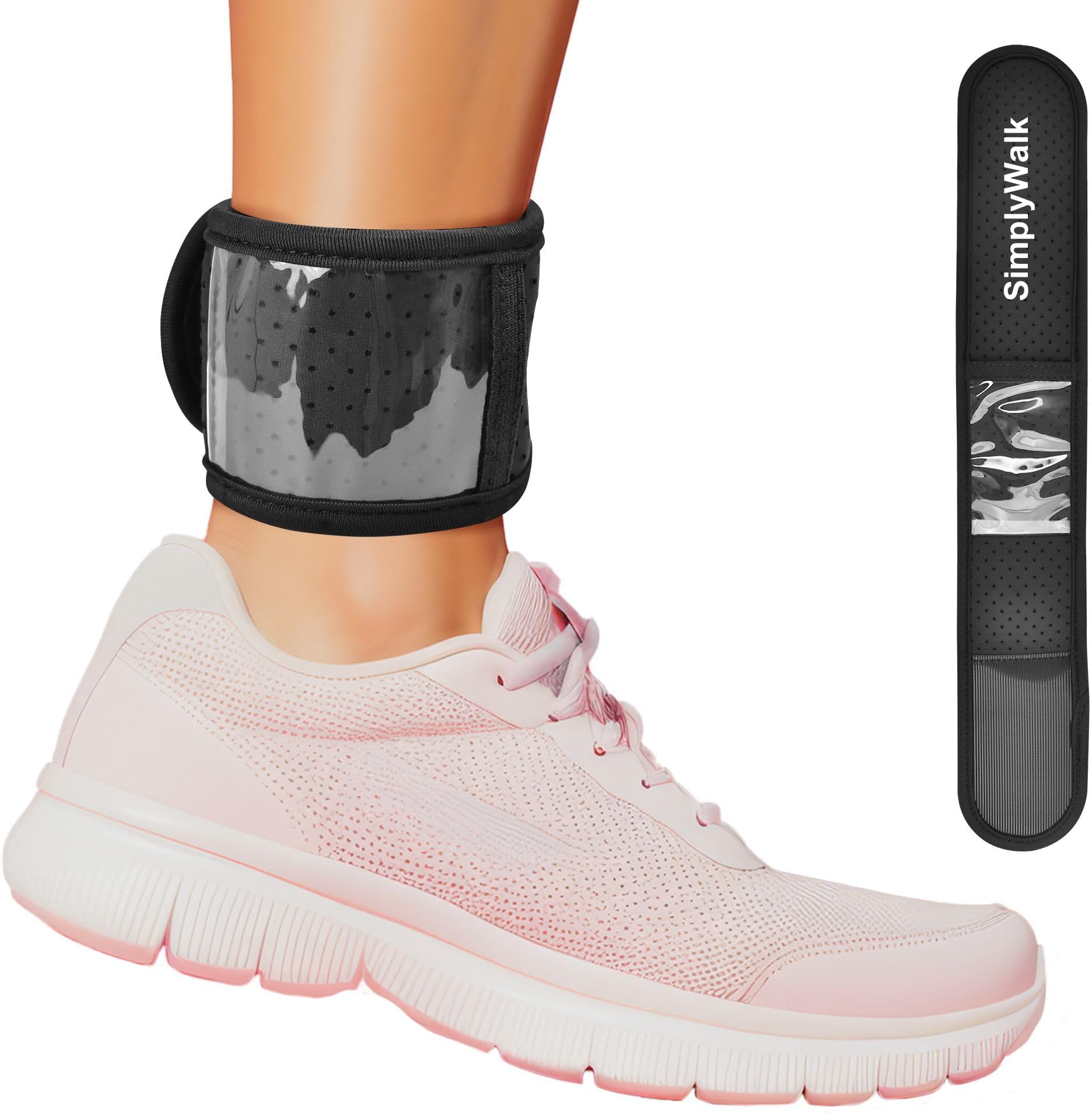 Ankle Band(Size Medium) for Large Fitness Pedometer, (Counter NOT Included) Soft Wear Ankle Band with Transparent Pouch for Step Counter (Pedometer Not Included) (Black)