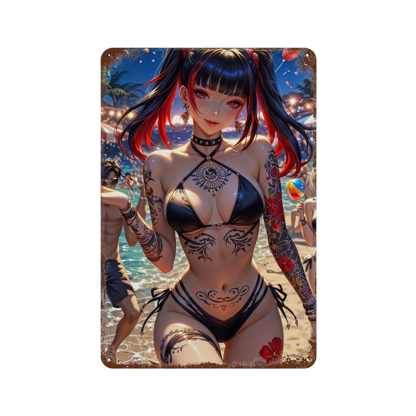 Tattooed Beach Anime Girl Rusty Metal Tin Sign 11.8"x7.9", for Pub, Kitchen And Man Cave Decor, Novelty Wall Decor