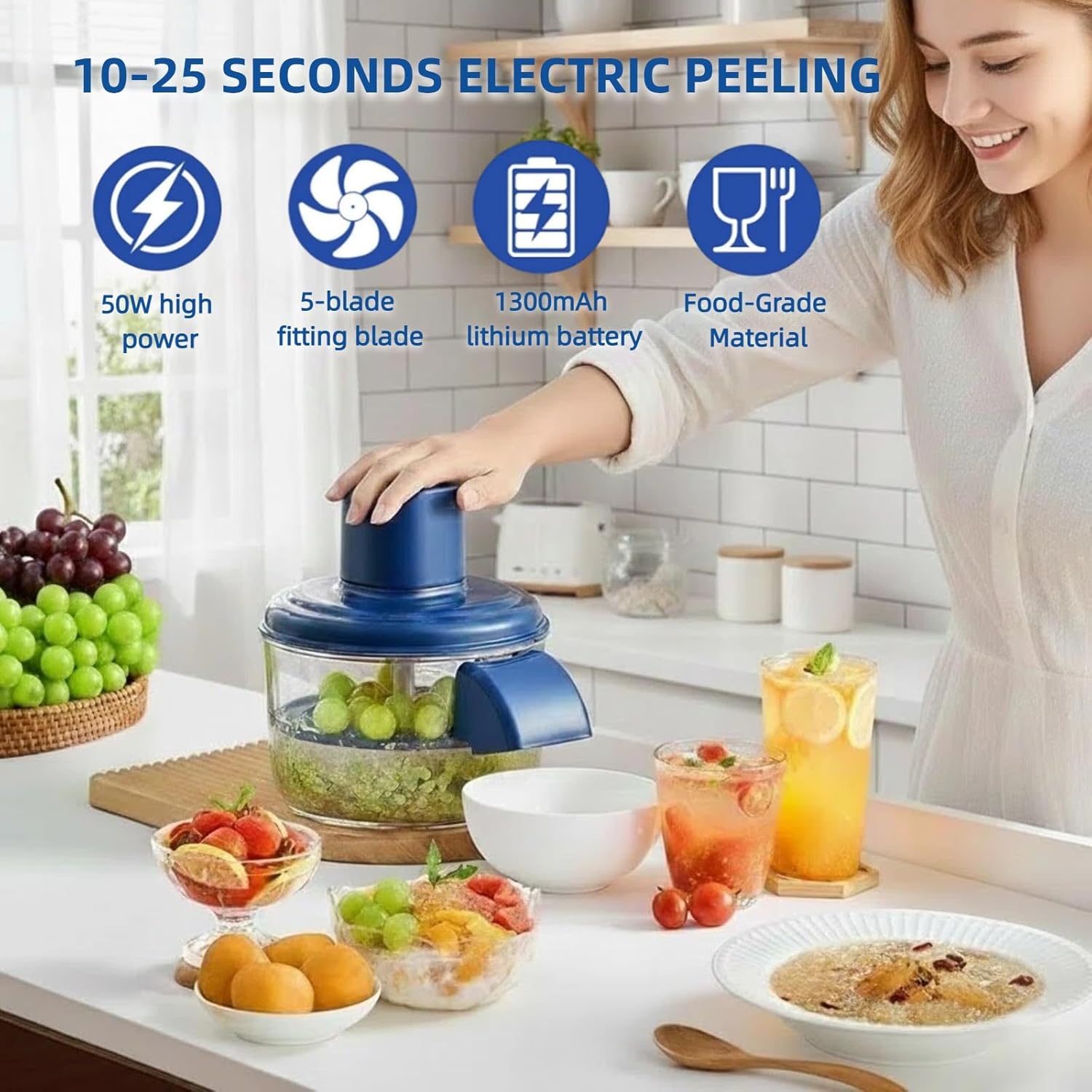 Electric Grape Peeling Machine, Automatic Fruit Peeler for Cherry Tomato, Plum and Small Fruits, Cordless Rechargeable Kitchen Tool for Home Use, Easy Cleaning Design (Blue)