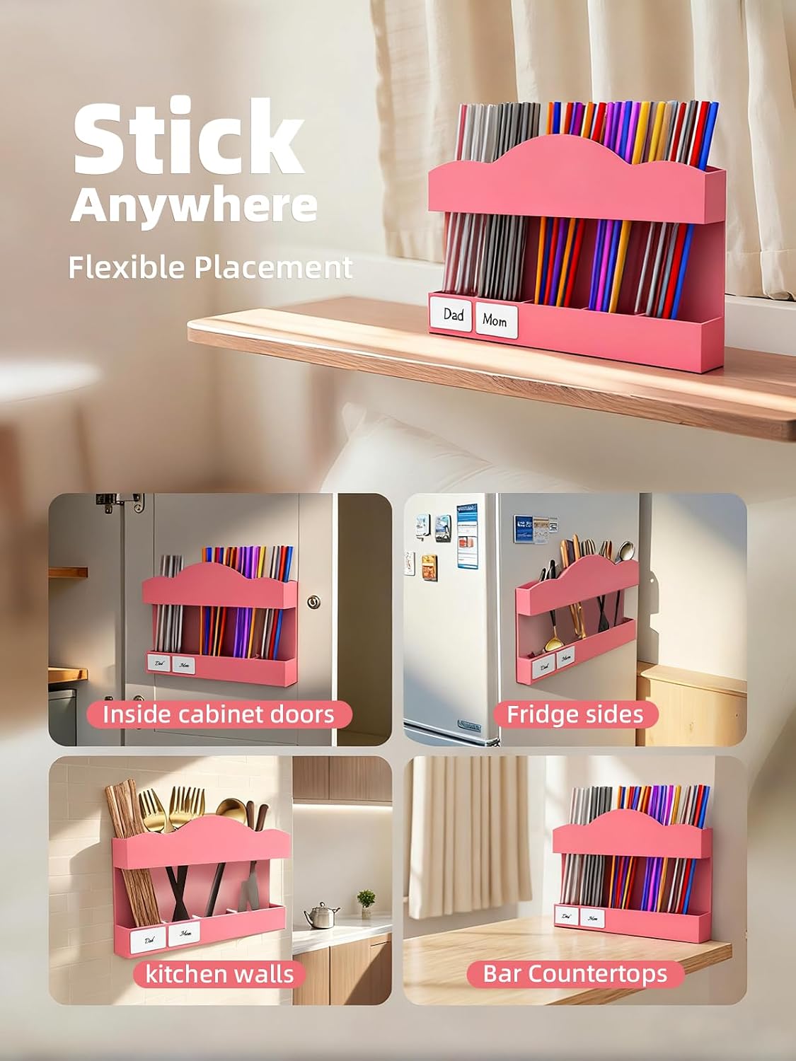 FOOGWEE 9.8" Acrylic Straw Holder for Cabinet Door - Straw Organizer with Ultra-Sticky Adhesive, Kitchen & RV Essensials, 5-Compartment Storage for Reusable Straws & Brushes, Colored Pencils, Markers