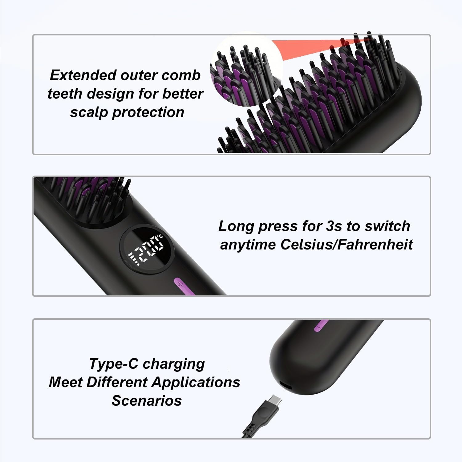 Beard Straightener for Men, Cordless Heated Beard Brush, Portable Beard Hot Combs, Ionic Hair Straightener Brush with 7 Temp Settings, Hot Comb for Home Travel - Image 5