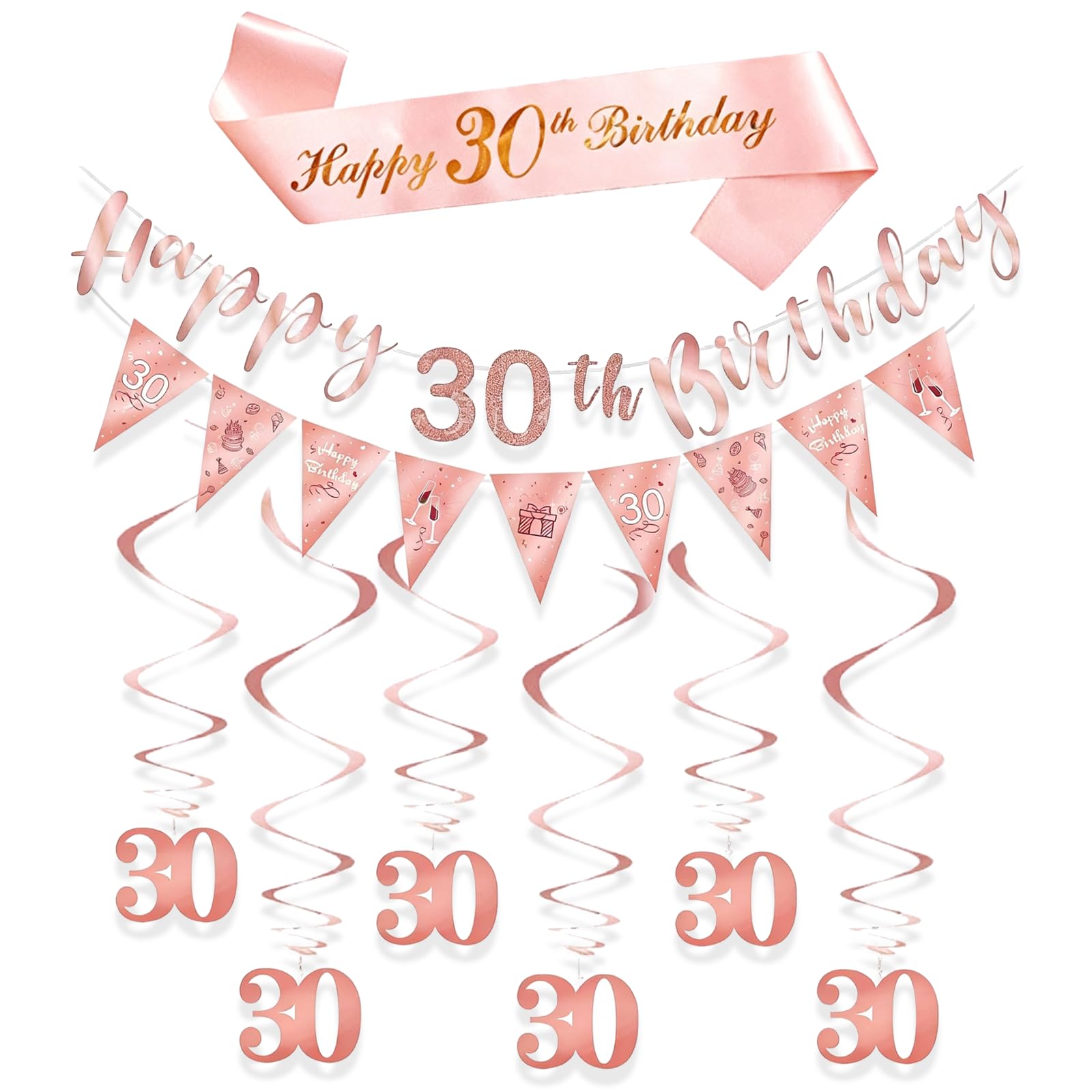 Qwrqwr 30th Birthday Decorations for Women Rose Gold Sash and Pennant Banners Set for Happy 30 Years Old Party (30th)