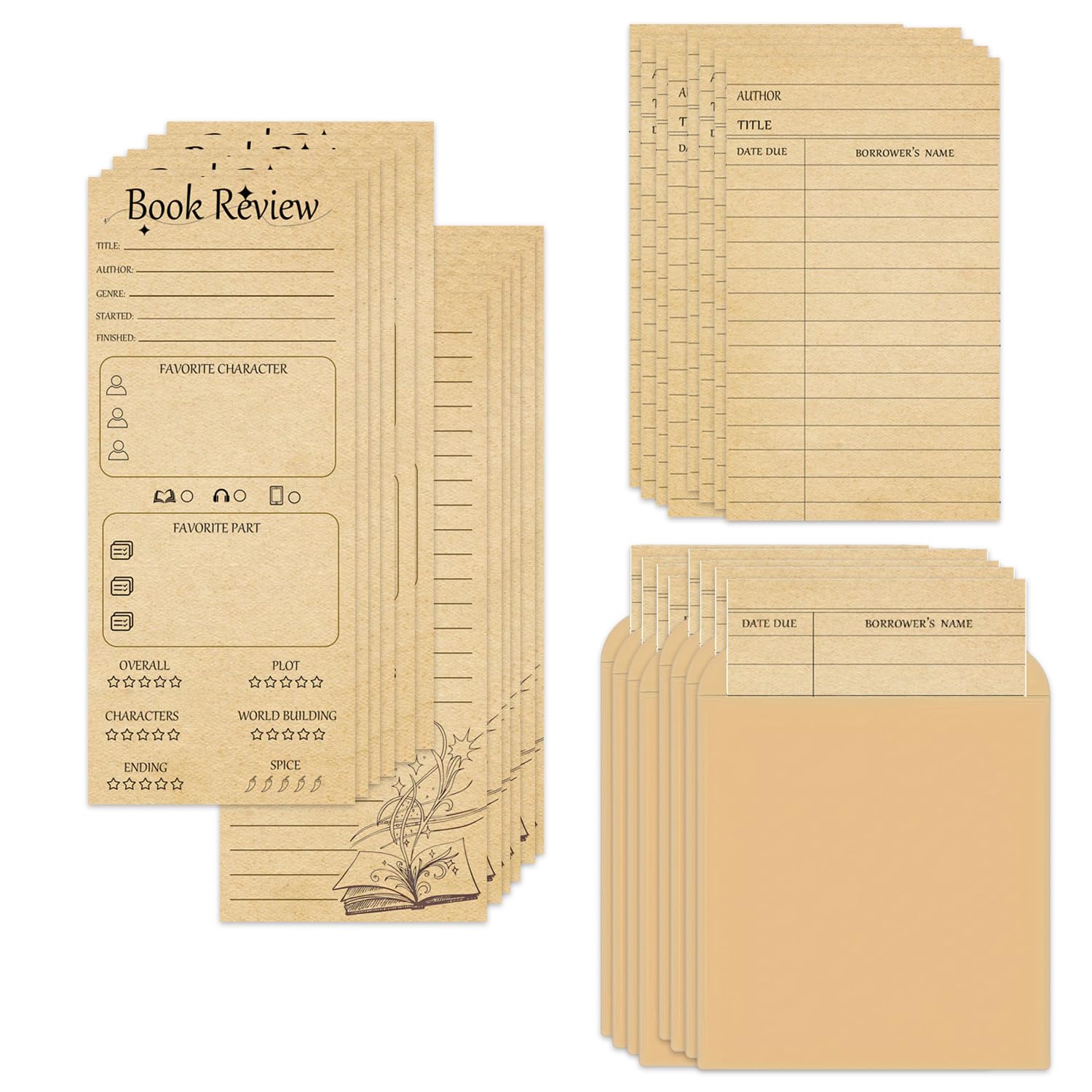 Book Review Bookmarks Bulk Vintage Library Card Pockets with Envelopes Kraft Bookmark for Librarys Checkouts Classroom Supplies Bookworms Bookish Favorites (Suit)