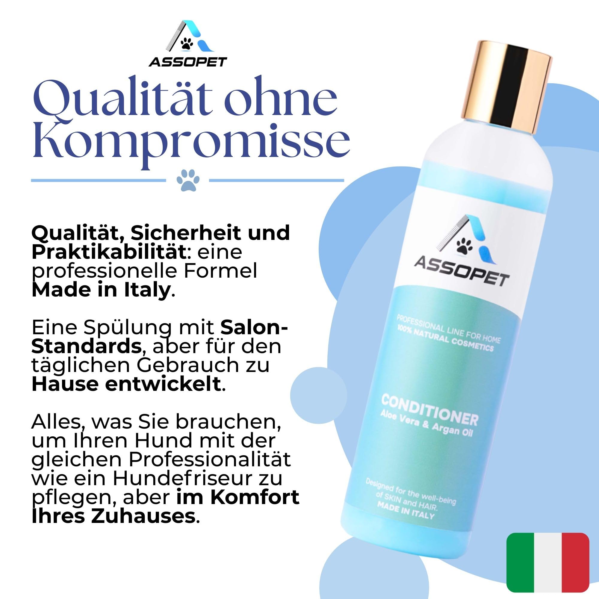Hunde Conditioner & Fellbalsam 250 ml – ASSOPET – Natürliche Fellpflege mit Bio-Arganöl & Bio-Aloe Vera – Entwirrend, Weichmachend, Glanzgebend – Vegan, Made in Italy