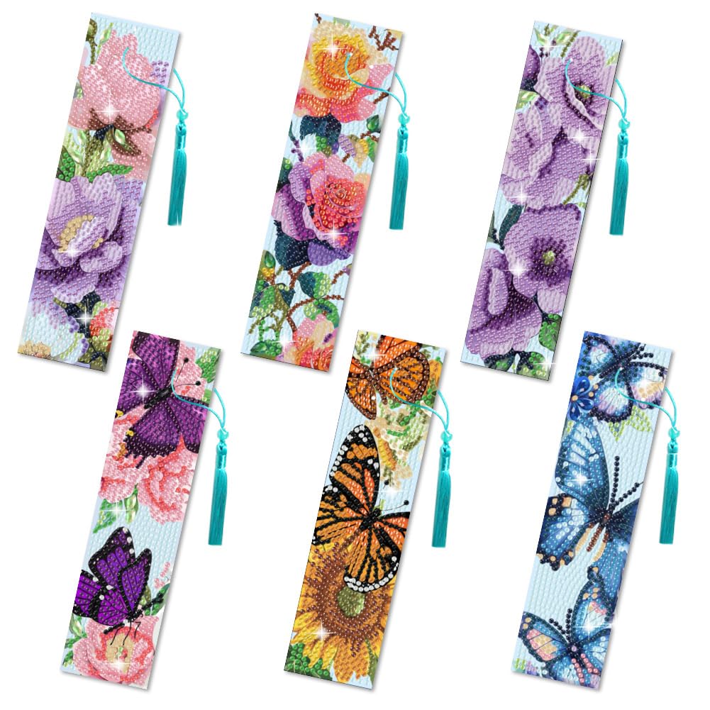 beinkmake 6Pcs Flower Butterfly 5D Diamond Art Bookmarks Sunflower Paeony Roses Floral Diamond DIY Painting Bookmarks Rhinestones Beaded Acrylic Tassel Bookmark for Adult Beginner Crafts